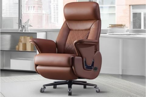 Premium Genuine Leather Power Recliner Office Chair - Kinnls Luca Ergonomic Executive Desk Chair with Adjustable Tilt & Full Reclining, Modern Minimalist Design for Home Office, Gaming, or Workspace (Brown)