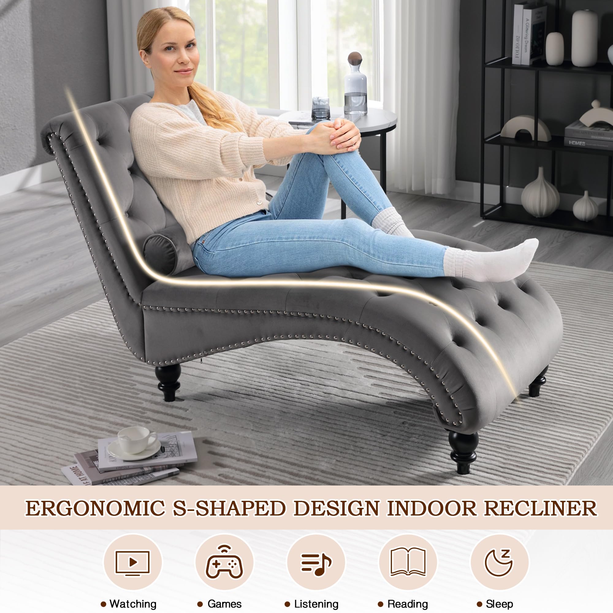SLEERWAY Velvet Tufted Chaise Lounge Chair with Solid Wood Legs & Lumbar Pillow - Modern Upholstered Sleeper Sofa for Bedroom, Living Room, Office - Grey | Perfect for Relaxing, Reading & Small Space Decor