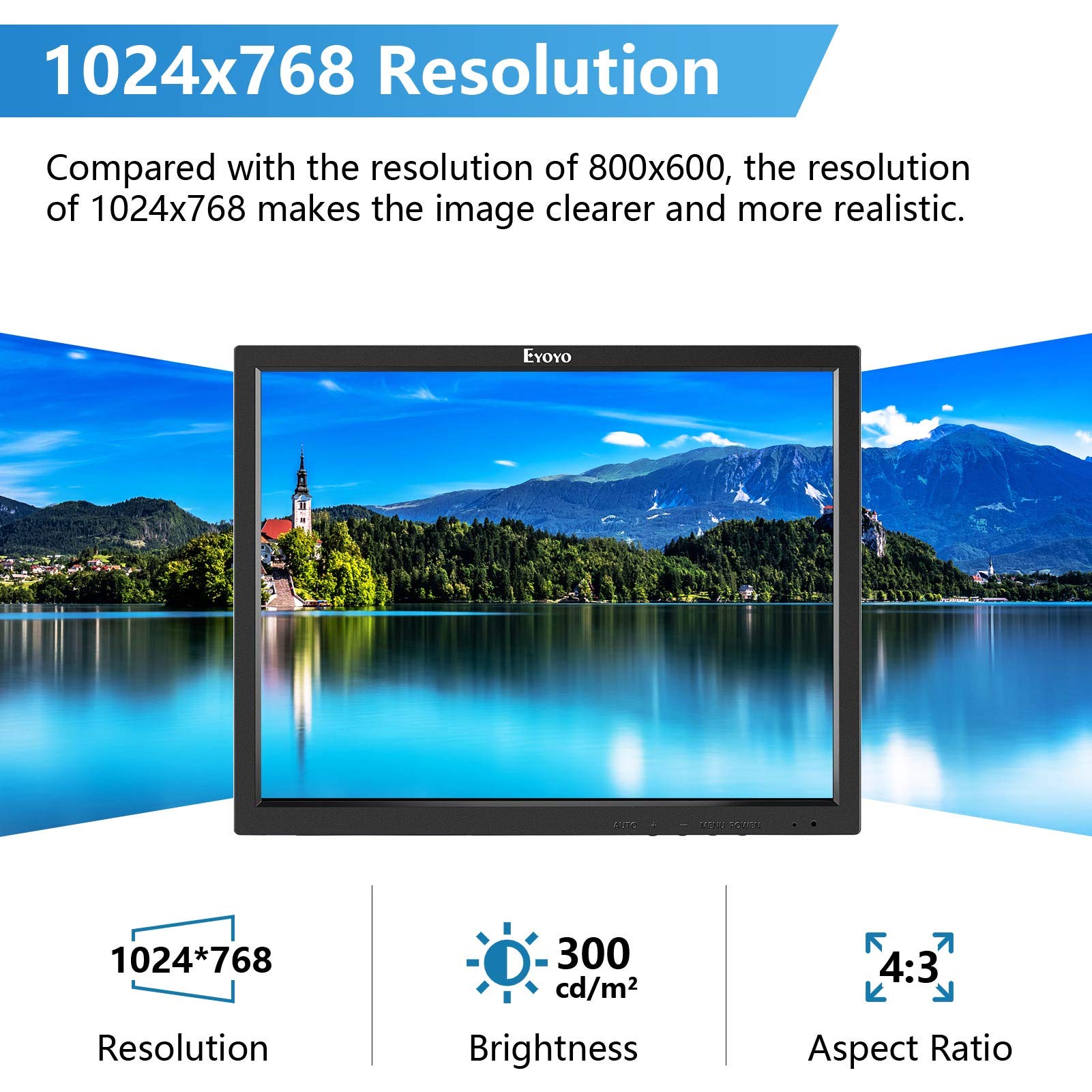 Eyoyo 14 Inch LCD HDMI Monitor - 1024x768 Resolution, VGA Display for Security Cameras with HDMI/VGA/AV/BNC Inputs, Built-in Speakers & Remote Control - Ideal for Surveillance, Gaming & Home Office Use