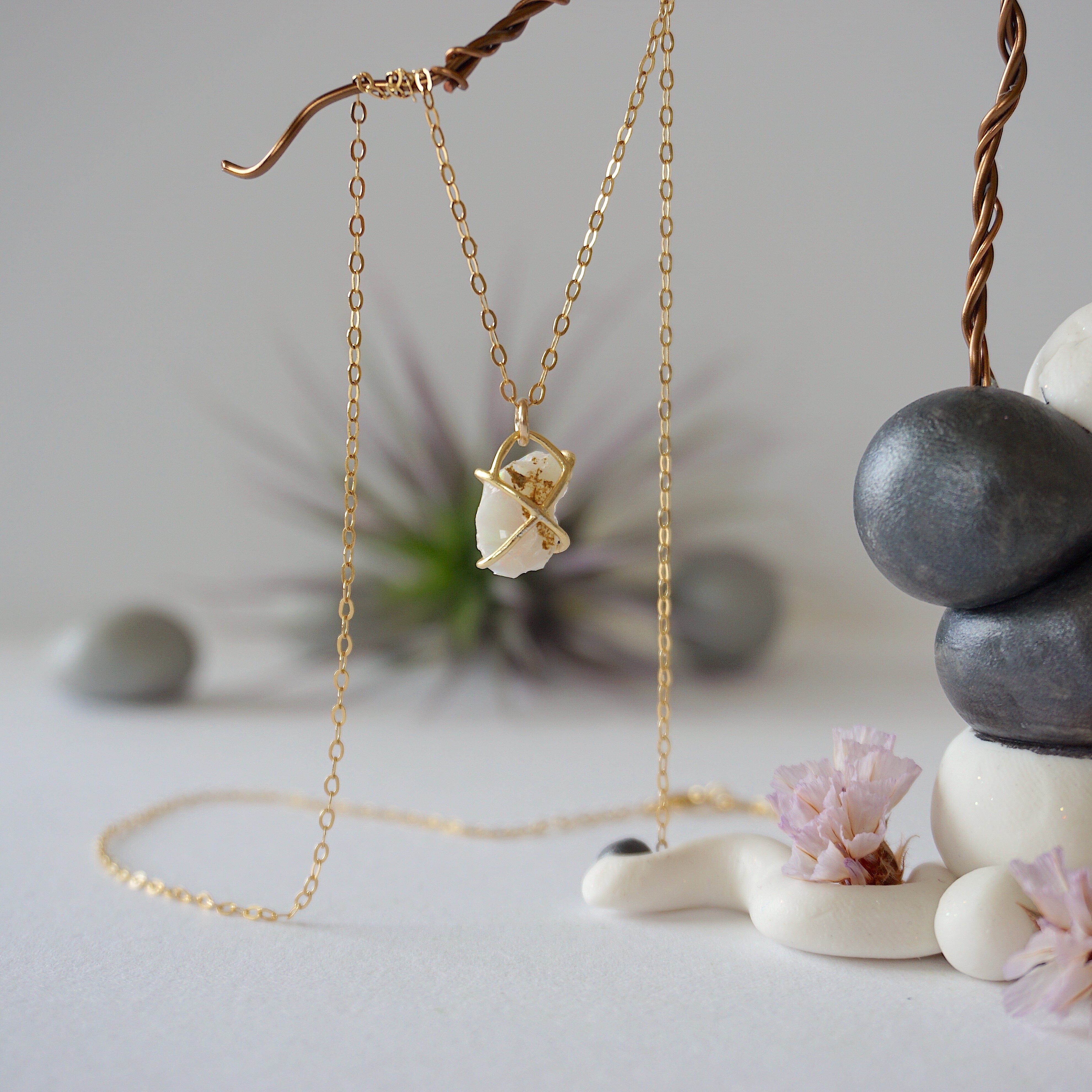 14K Gold Filled Raw Opal Huggie Charm Necklace - Elegant Dainty Jewelry for Women, Perfect for Everyday Wear, Gift Giving & Special Occasions