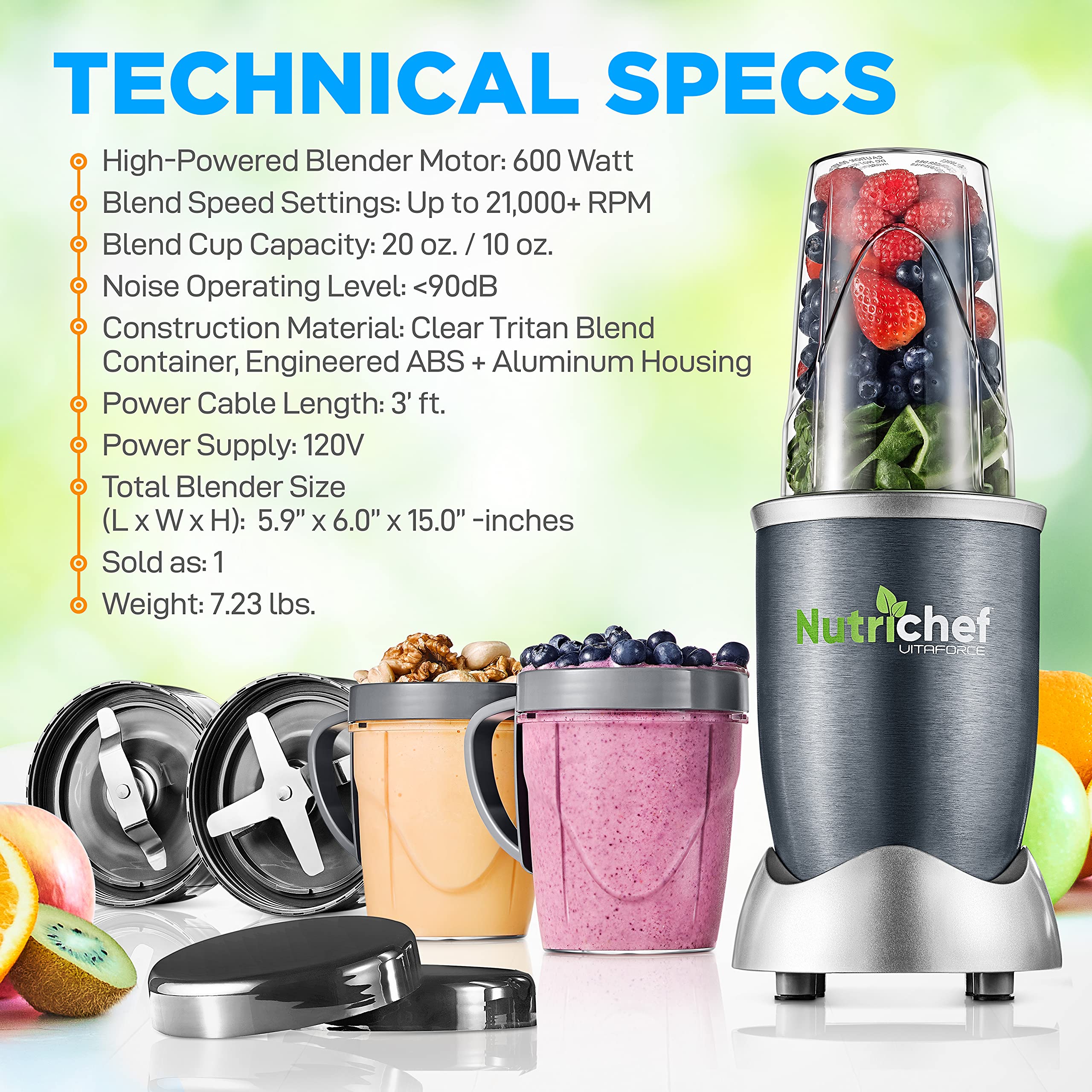 NutriChef NCBL60 600W Personal Electric Blender - Single Serve Mini Blender for Smoothies, Shakes & Protein Drinks - Compact Countertop Blender with Pulse Function, Travel Cups (10oz & 20oz) - Perfect for Kitchen, Office & Gym Use