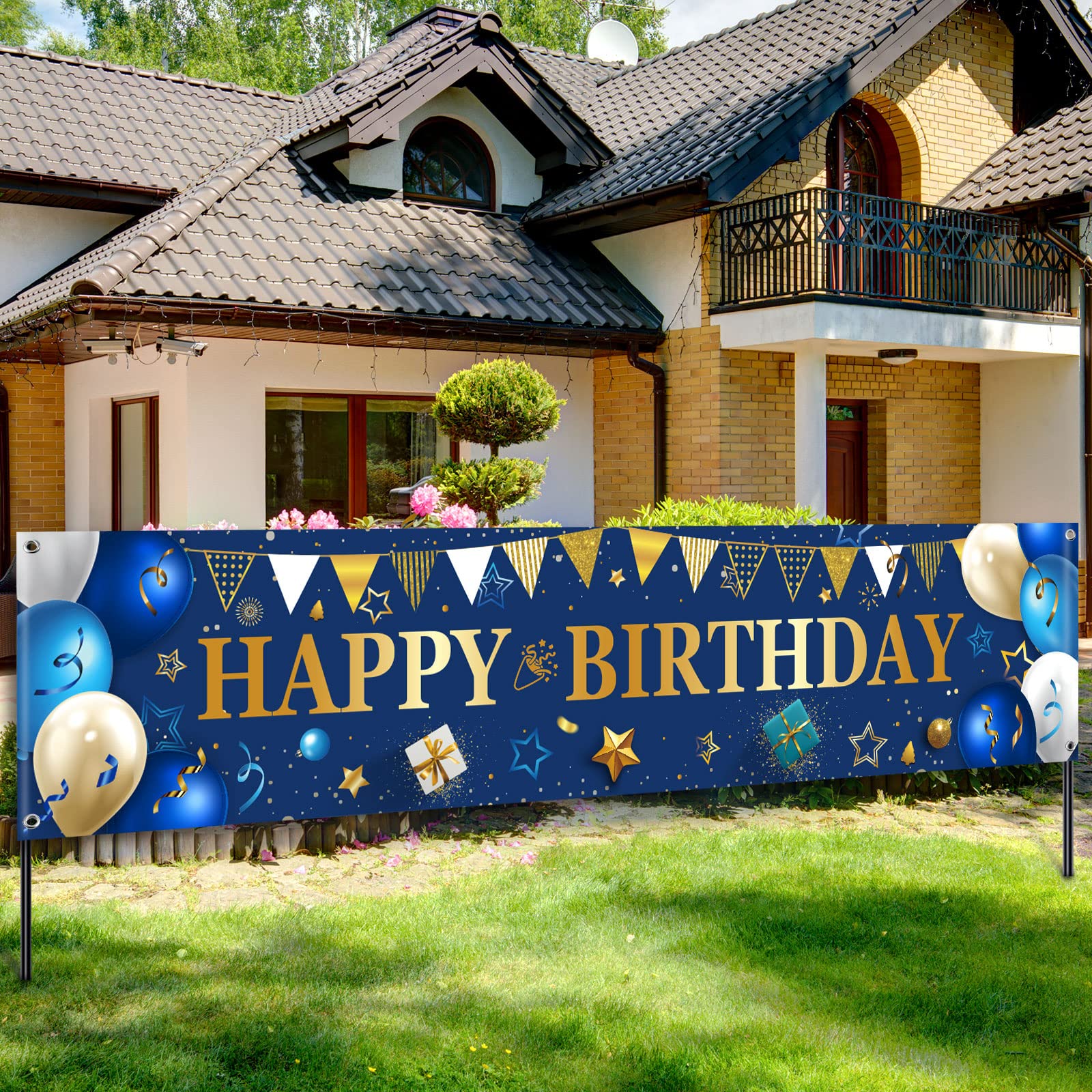 Happy Birthday Yard Banner - Large Outdoor & Indoor Party Decorations for Men & Women - Blue & Gold Backdrop - Perfect for Birthday Gifts, Celebrations, and Photo Booths