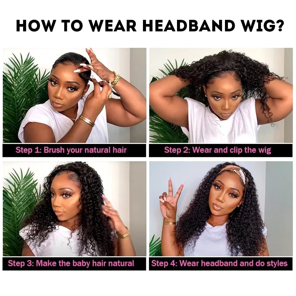 26 Inch Brazilian Human Hair Headband Wig - Deep Wave 150% Density Glueless Non Lace Front Machine Made Wig - Natural Black Women's Wet & Wavy Curly Half Wig for Daily Wear & Special Occasions