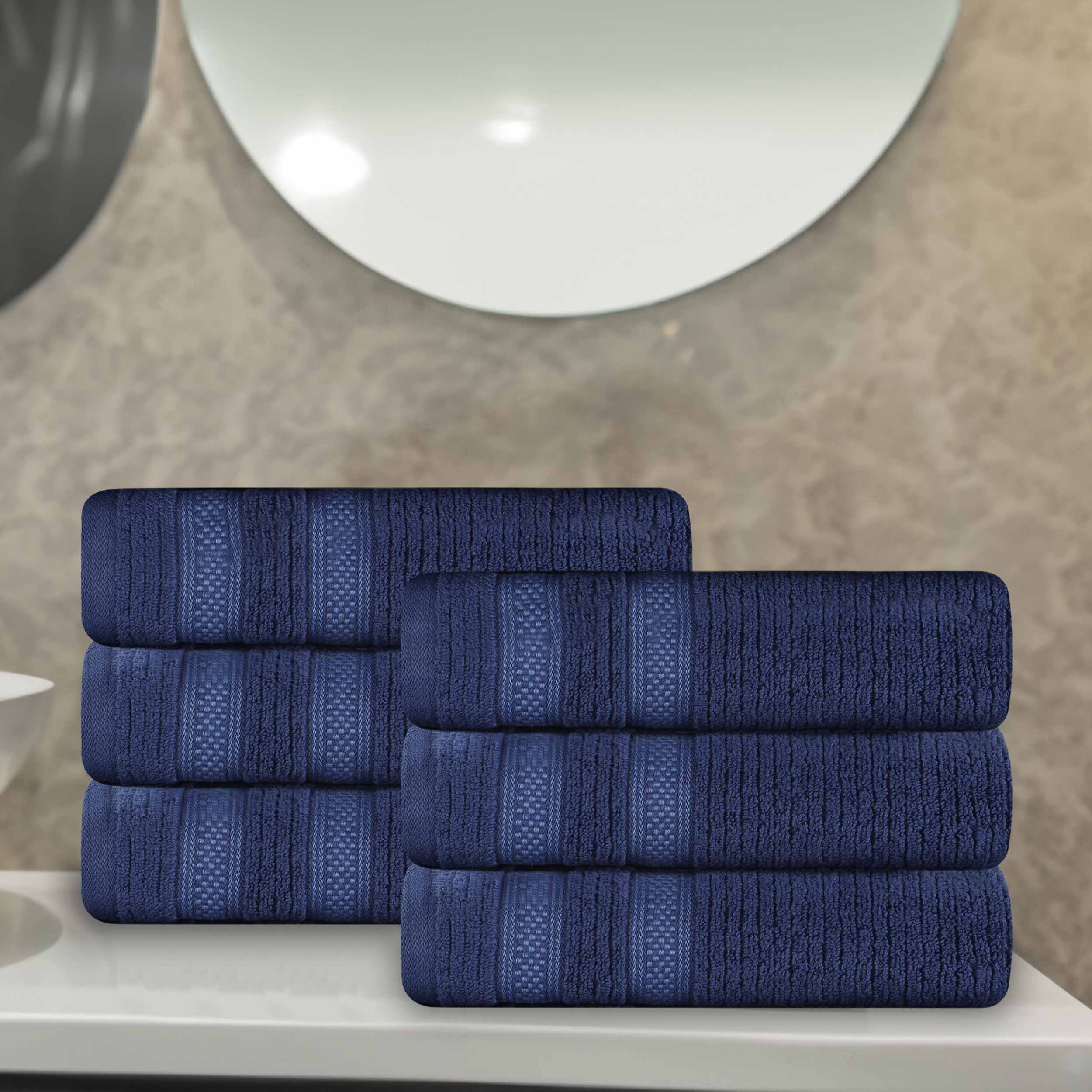 Premium Zero Twist Cotton Ribbed Geometric Border Plush Hand Towel Set of 6 - Ultra Soft & Absorbent Bathroom Towels for Guest Bath, Kitchen, Spa, and Luxury Home Decor