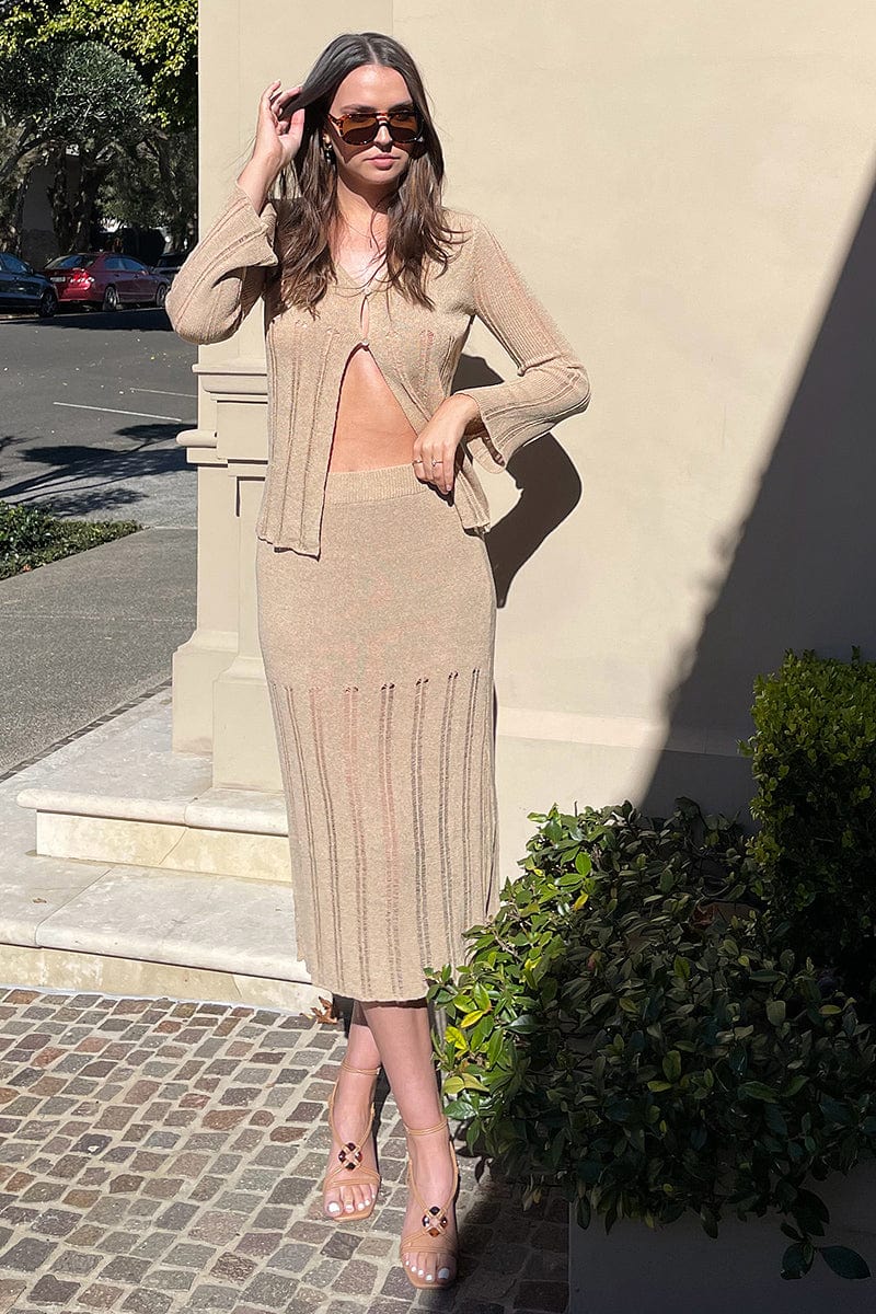 Soft Beige Long Sleeve V-Neck Button Front Cardigan Sweater for Women - Cozy Knit Ladder Stitch Pullover for Office, Date Night & Fall Layering