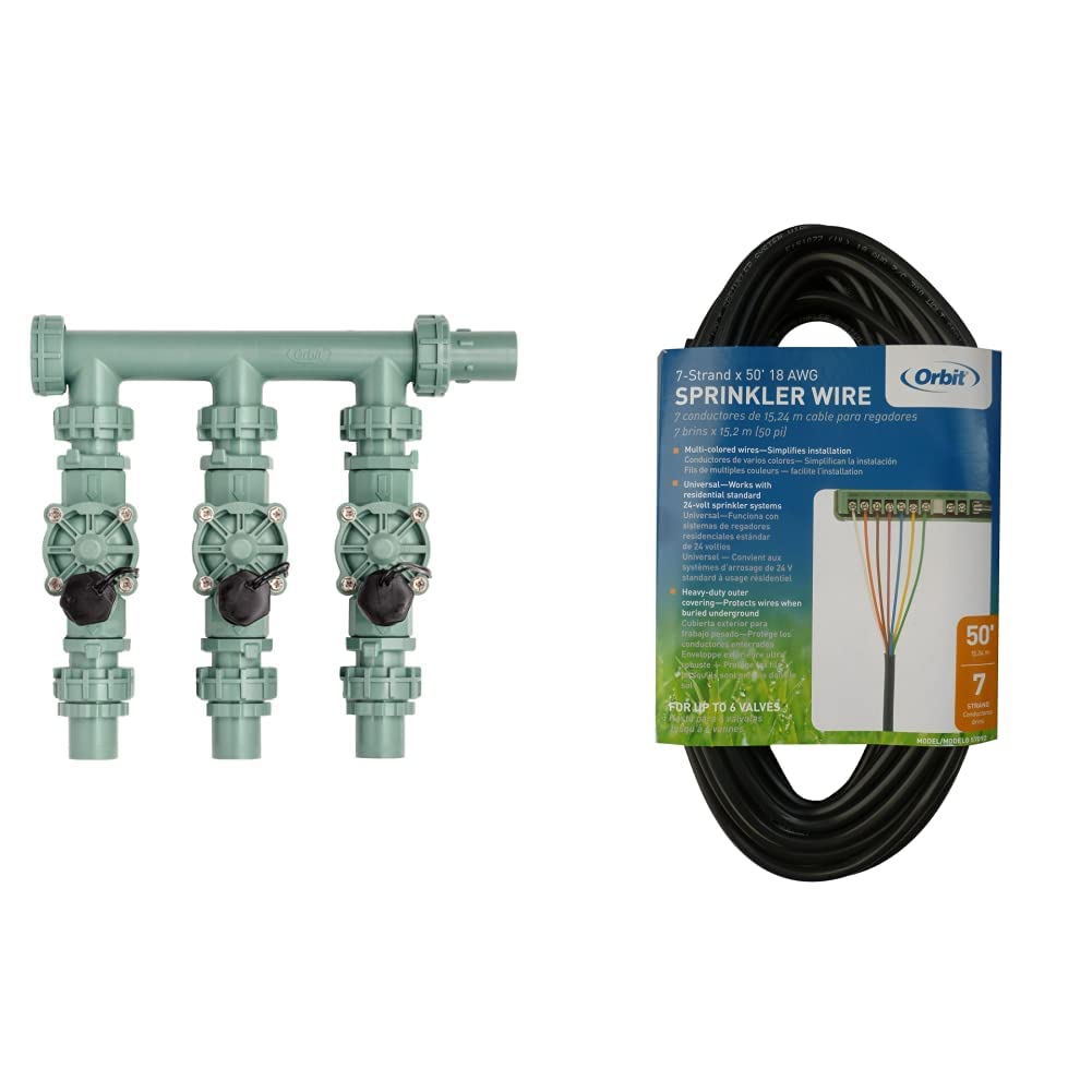 Orbit 57253 3-Valve Heavy Duty Preassembled Manifold & 57092 7-Strand 50' Green Sprinkler Wire - Perfect for Lawn Irrigation Systems and Automatic Watering Solutions