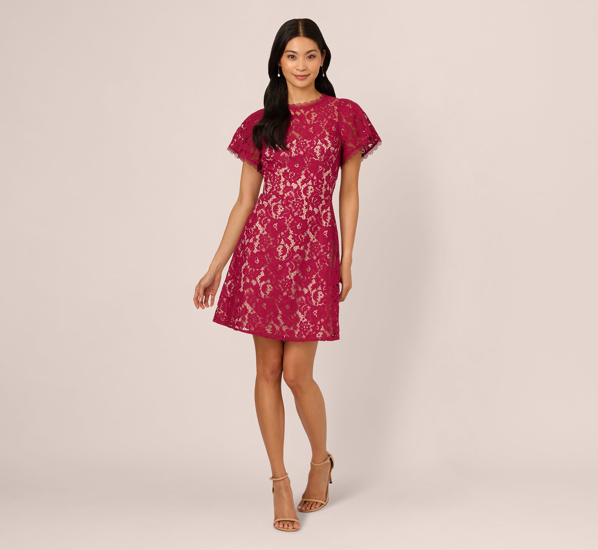 Elegant Light Wine Short Sleeve Lace Illusion Short Dress for Women - Perfect for Summer Parties, Weddings & Date Nights