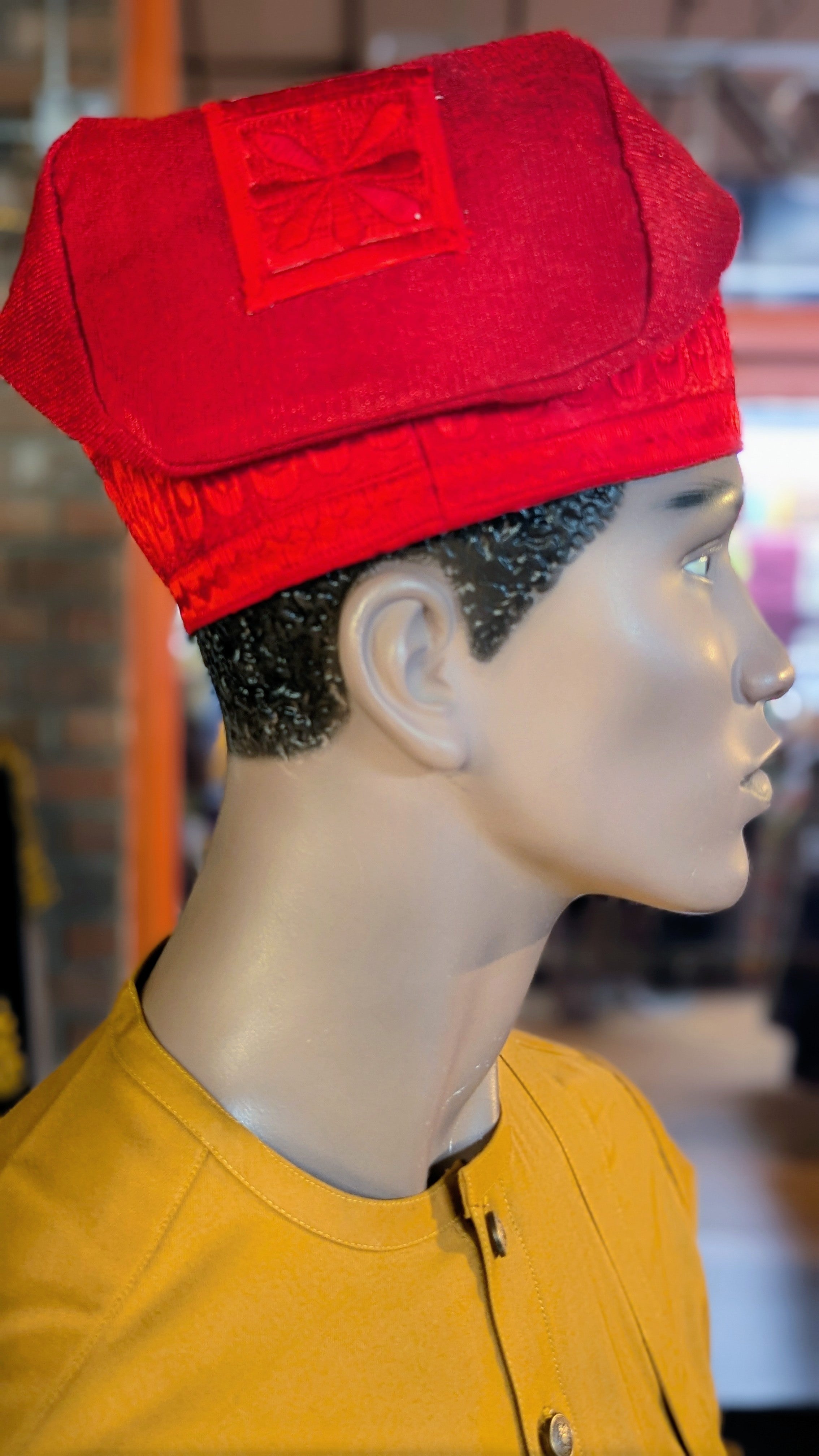Authentic Nigerian Red Aso Oke Kufi Cap - Traditional Yoruba Fila Hat for Men (DPH442) | Perfect for Weddings, Cultural Events & Special Occasions