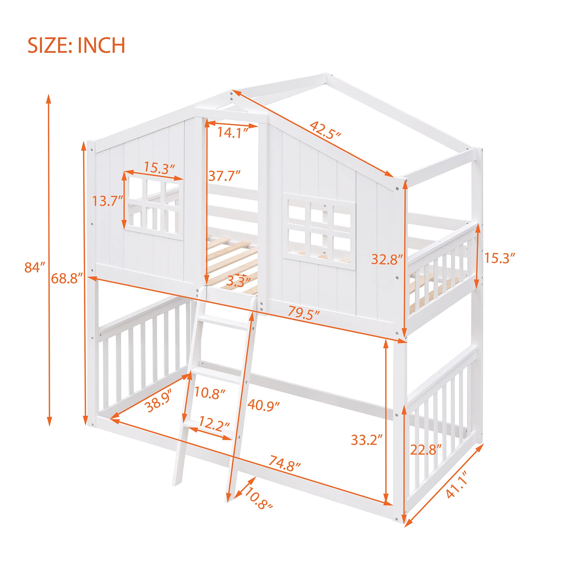 Polibi Twin-Over-Twin Wooden Bunk Bed with Roof, Front Windows & Ladder - Perfect for Kids' Bedrooms, Guest Rooms & Space-Saving Solutions