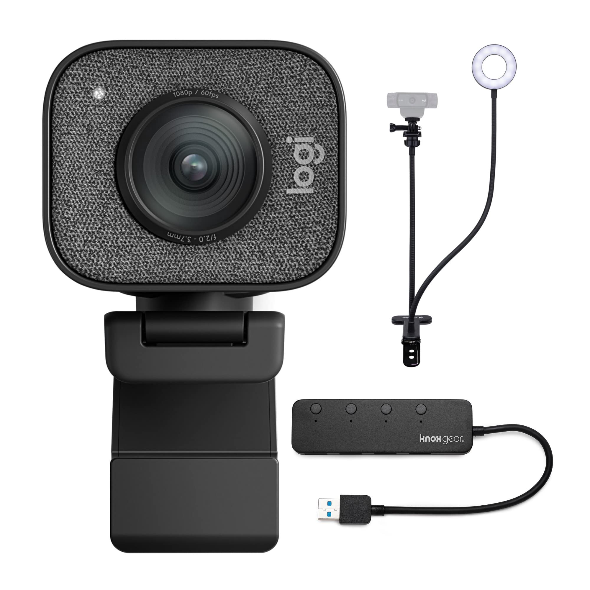 Logitech StreamCam Plus Webcam Bundle with Tripod Stand, USB Hub & Ring Light (3-in-1 Kit) - Perfect for Streaming, Video Calls & Content Creation