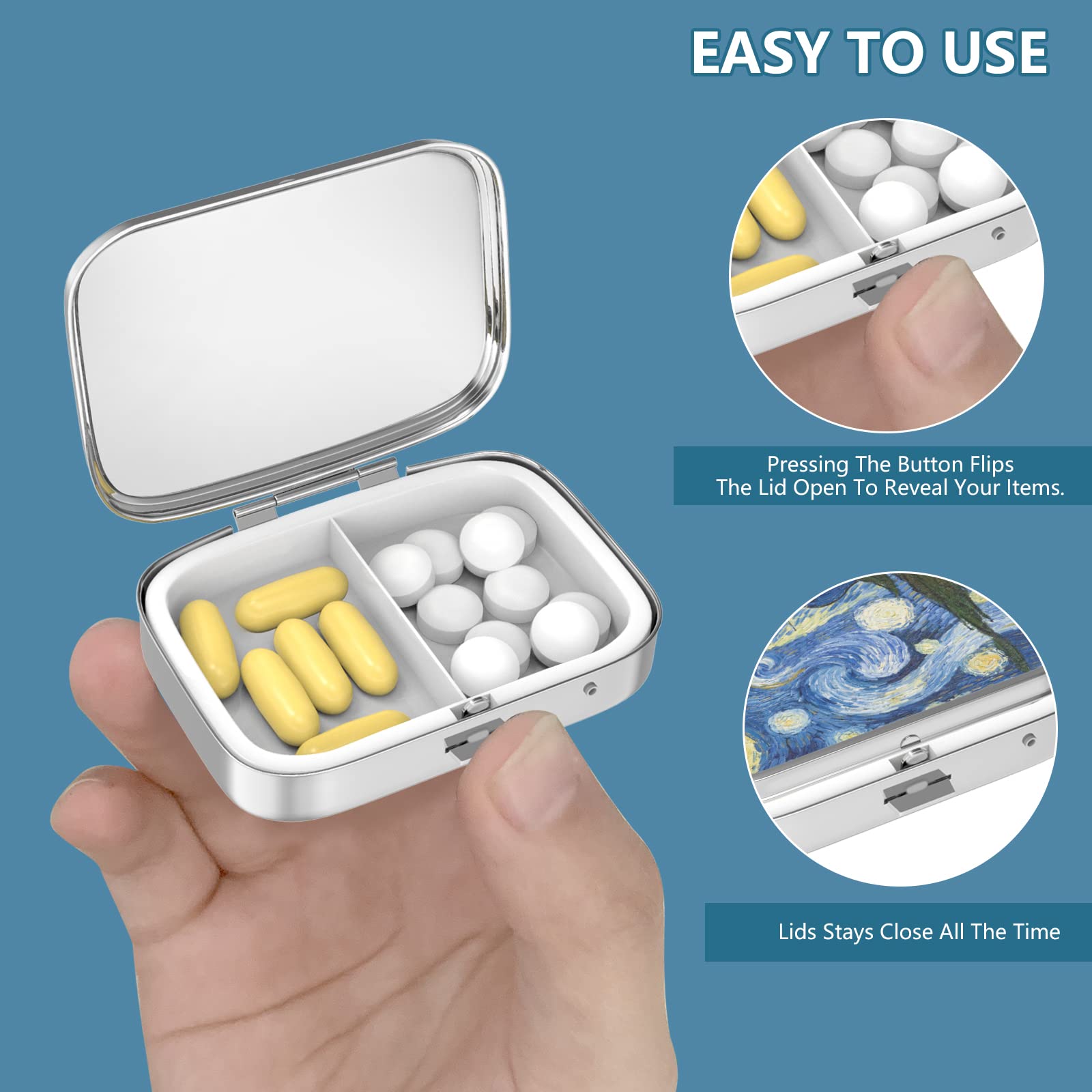 2 Compartment Metal Pill Organizer - Portable Medicine Case for Vitamins & Pills - Compact Travel Pill Box for Purse or Pocket - Decorative Gift Box (2 Pack) - Perfect for Daily Medication & Travel Essentials