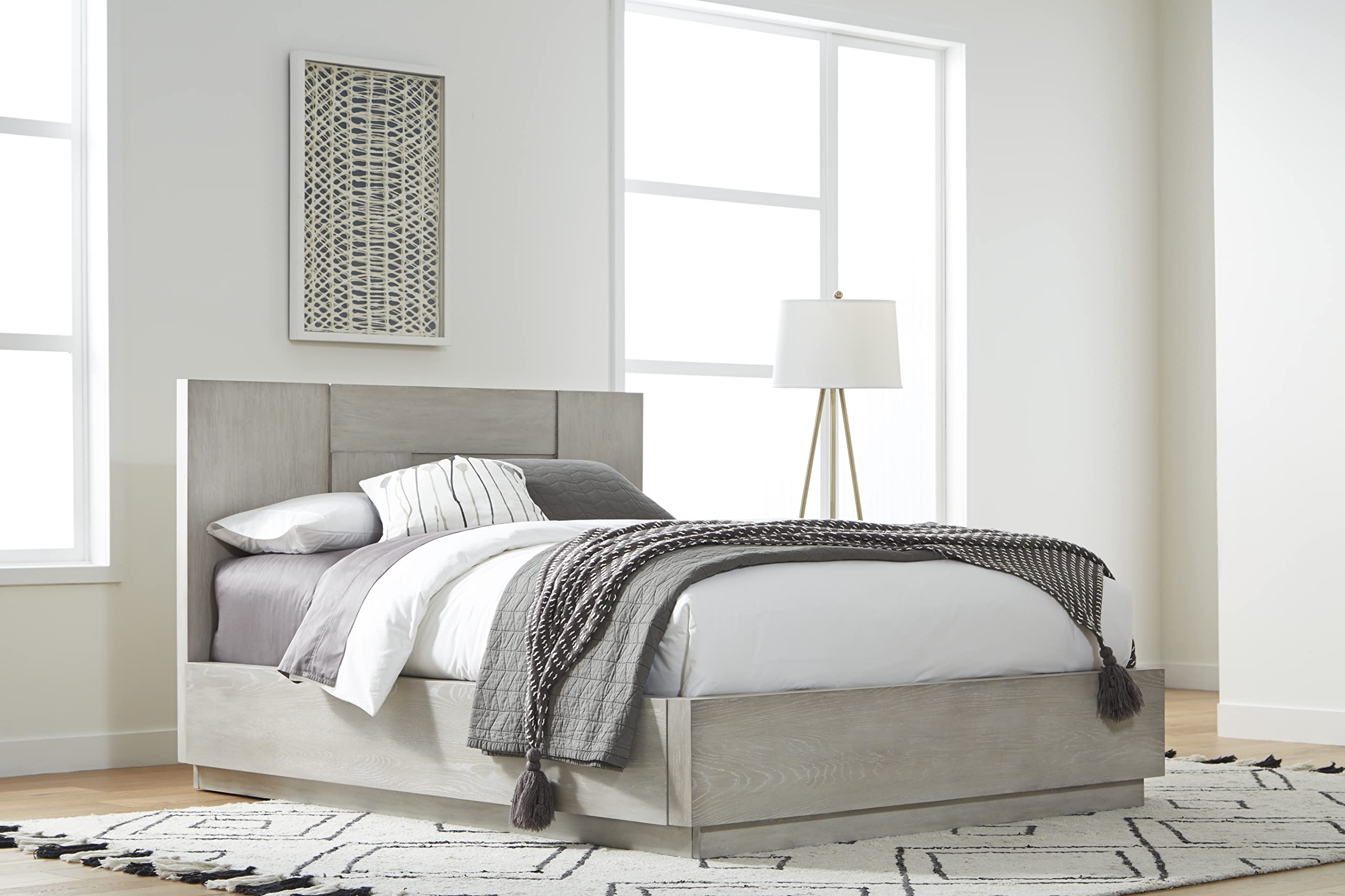 Modus Furniture Solid Wood Panel Bed Frame, Queen Size, Cotton Grey Finish - Sturdy & Elegant Bedroom Furniture for Master or Guest Room