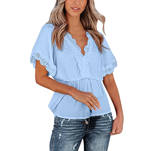 Women's Long Sleeve Cotton Blouse with Lace V-Neck - Casual Short Sleeve Shirt Tops (Blue, XXL) - Perfect for Office Wear, Date Nights & Everyday Outfits