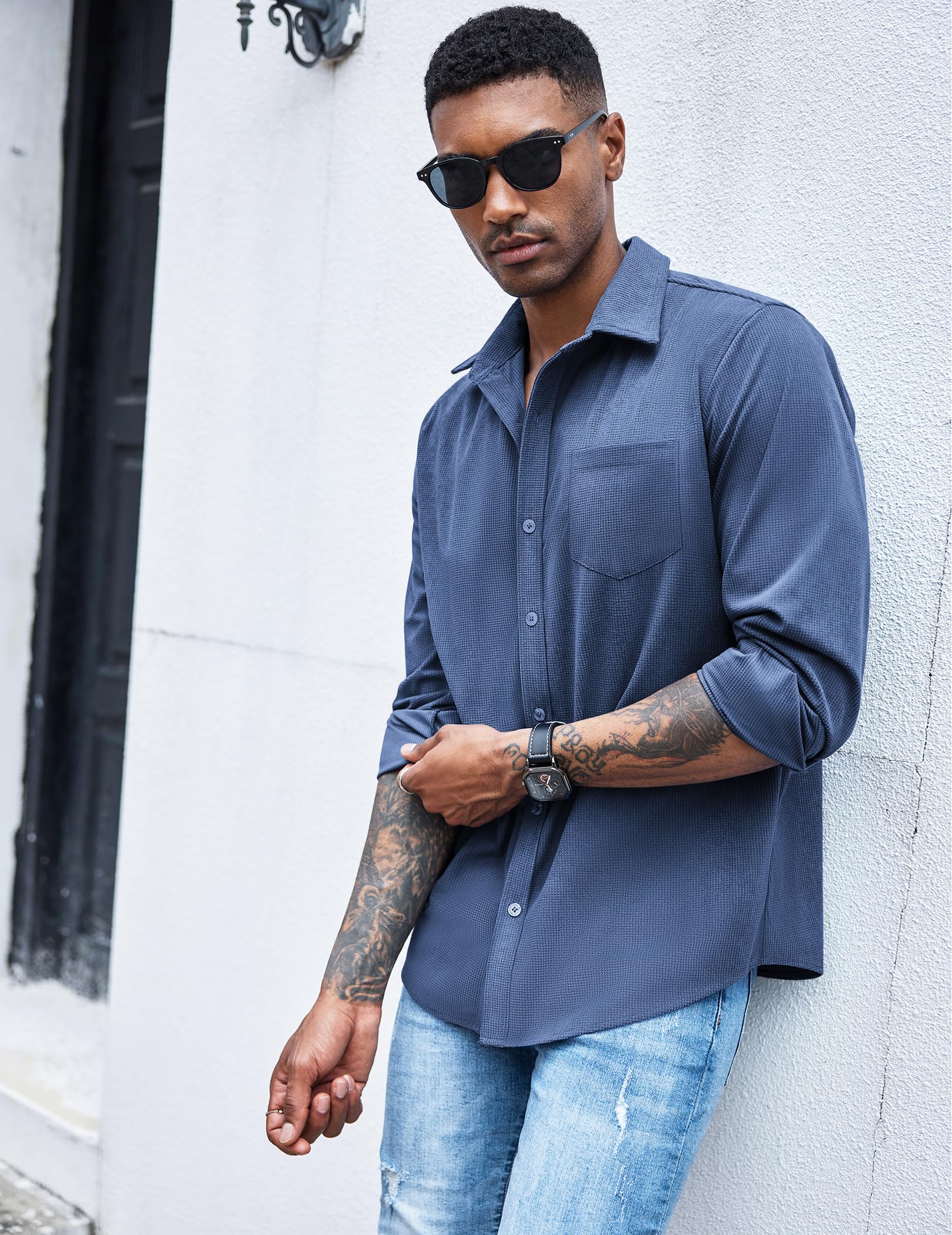 COOFANDY Men's Waffle Knit Button Down Shirt - Casual Long Sleeve Shacket Jacket with Pockets | Breathable & Stylish Fall Winter Layering Piece for Work, Date Night & Outdoor Activities