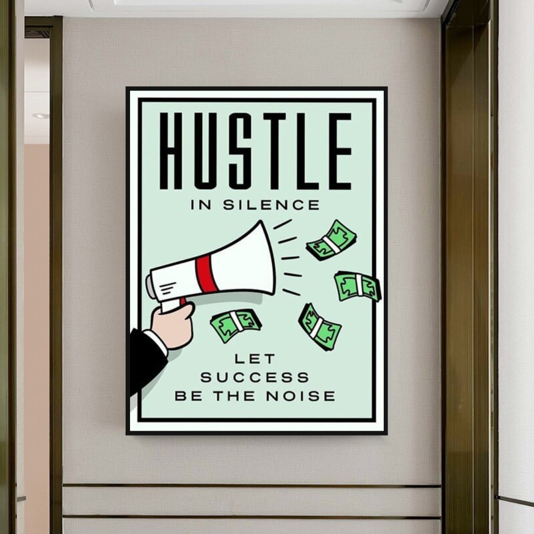 Monopoly Hustle in Silence Motivational Canvas Wall Art - Inspirational Office & Home Decor for Entrepreneurs & Business Owners