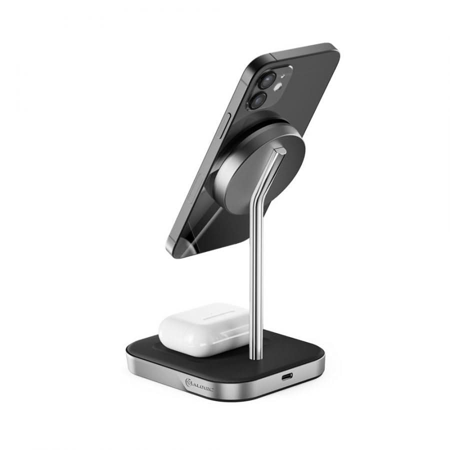 ALOGIC MSP21CS15W 15W Fast Wireless Charger for iPhone & Android - Black & Silver Stand for Bedroom, Office & Home Use