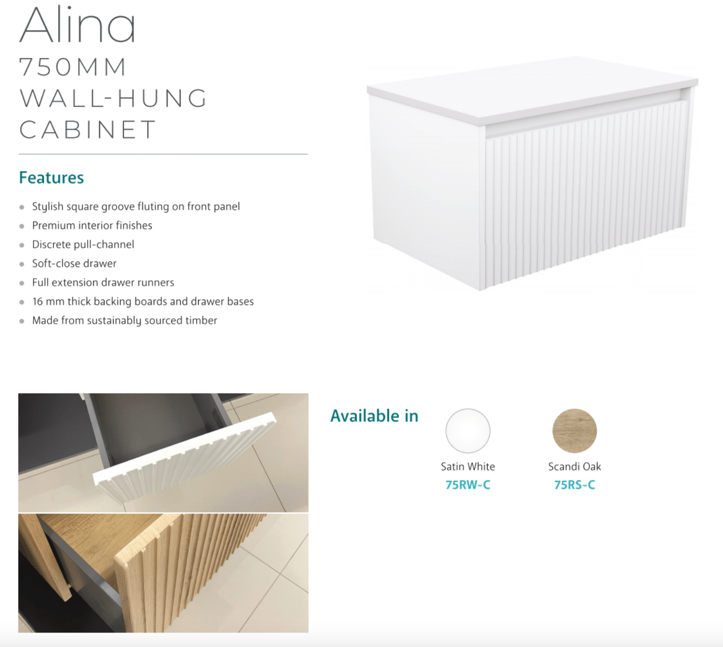 Fienza TCL75RSC Dolce Alina Scandi Oak 750 Wall Mounted Bathroom Vanity - Modern Floating Vanity for Small Bathrooms, Powder Rooms & Master Baths