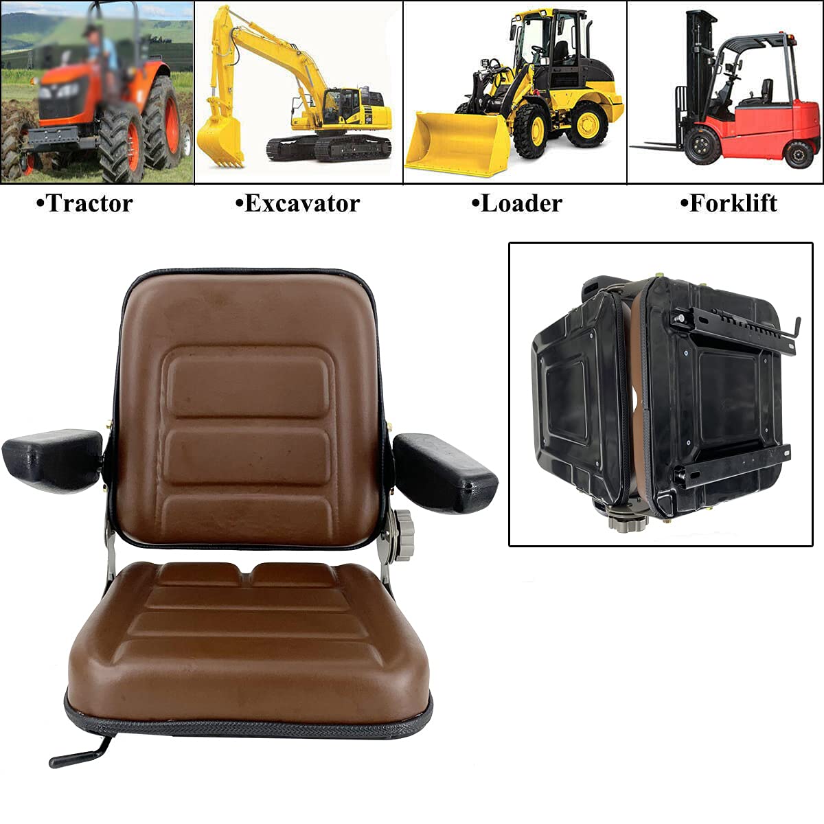 Universal Forklift Seat Replacement - Adjustable Brown Tractor Seat with PVC Cover, Foldable Design & Armrests | Fits Forklifts, Tractors, Skid Steers | Perfect for Construction, Farming & Industrial Equipment Comfort
