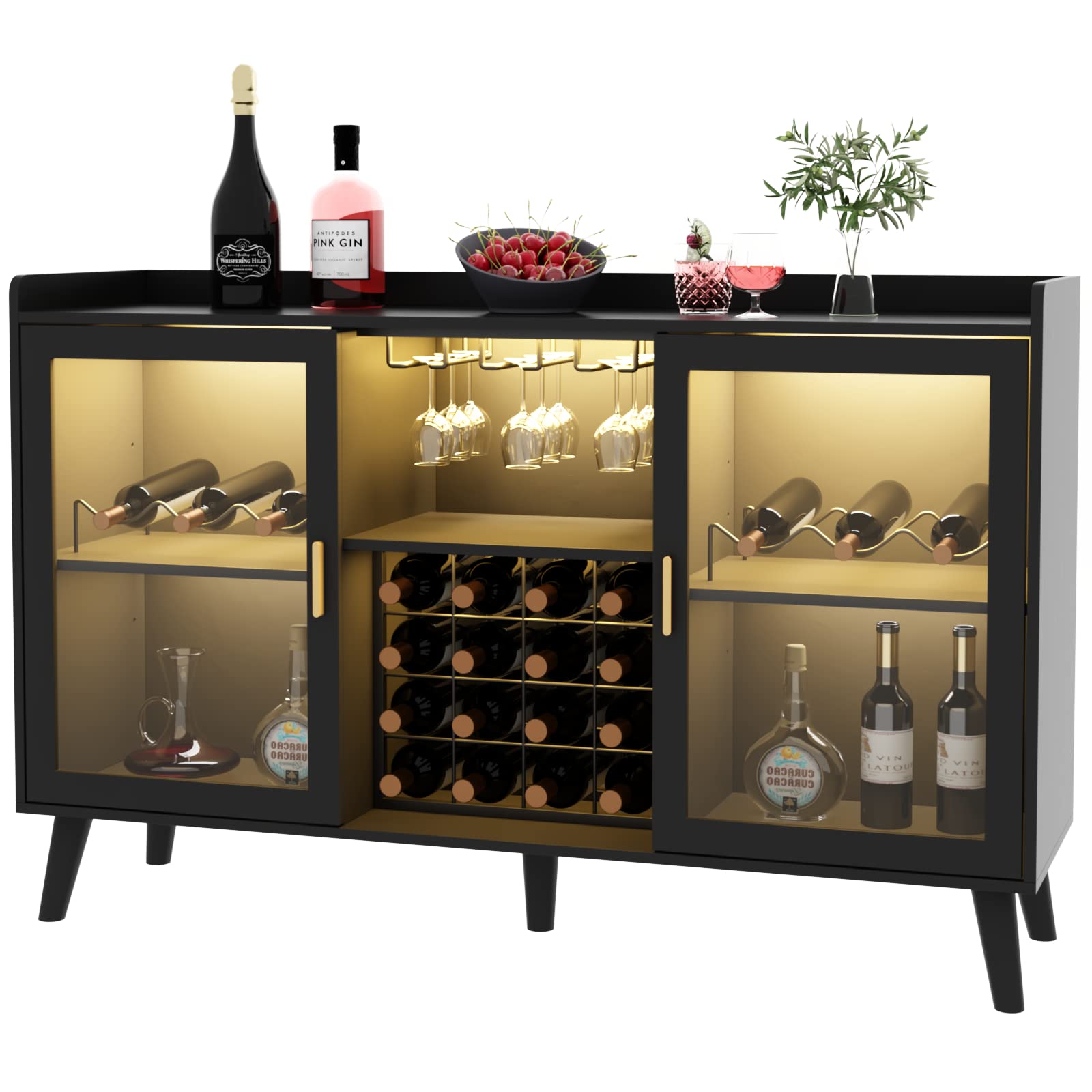 Modern Wine Bar Cabinet with LED Lights - Freestanding Kitchen Sideboard Buffet with Wine Rack, Glass Holder & Storage Shelf - Black Glass Door Liquor Cabinet for Dining Room, Living Room & Home Bar Decor