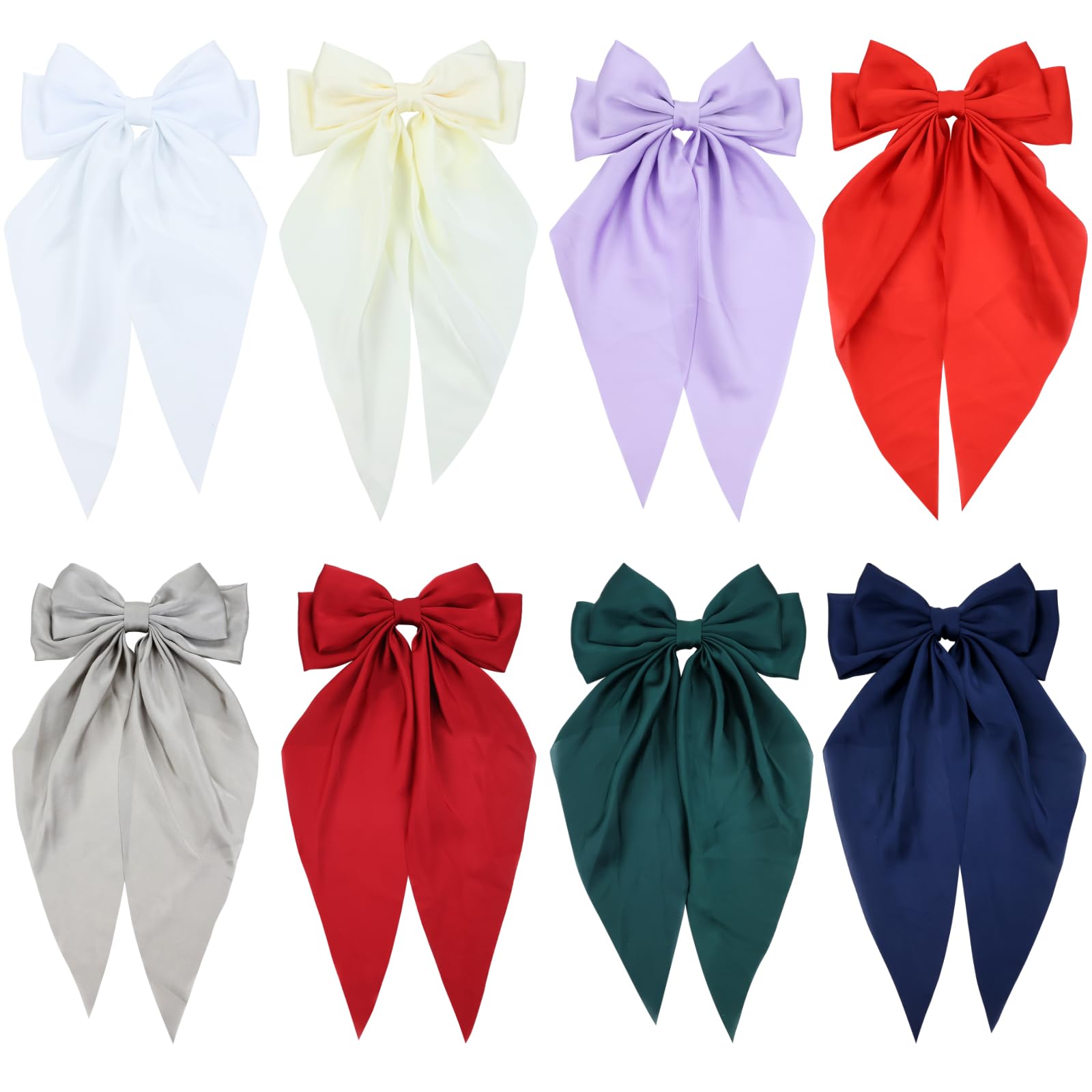 Cinaci 8-Piece Satin Hair Bows for Women & Girls - Elegant Long Tail Bow Clips & French Barrettes Hair Accessories | Perfect for Parties, Weddings, School & Daily Fashion