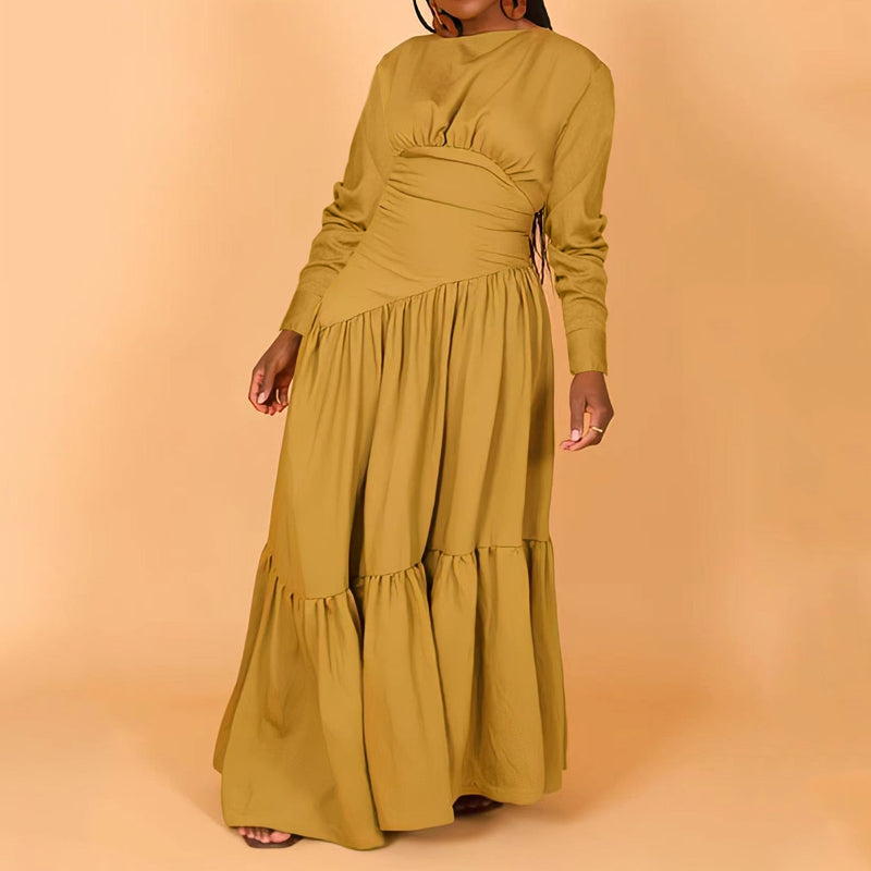 Elegant Solid Color Long Sleeve Ruffled Dress for Women - Perfect for Office Wear, Parties & Special Occasions