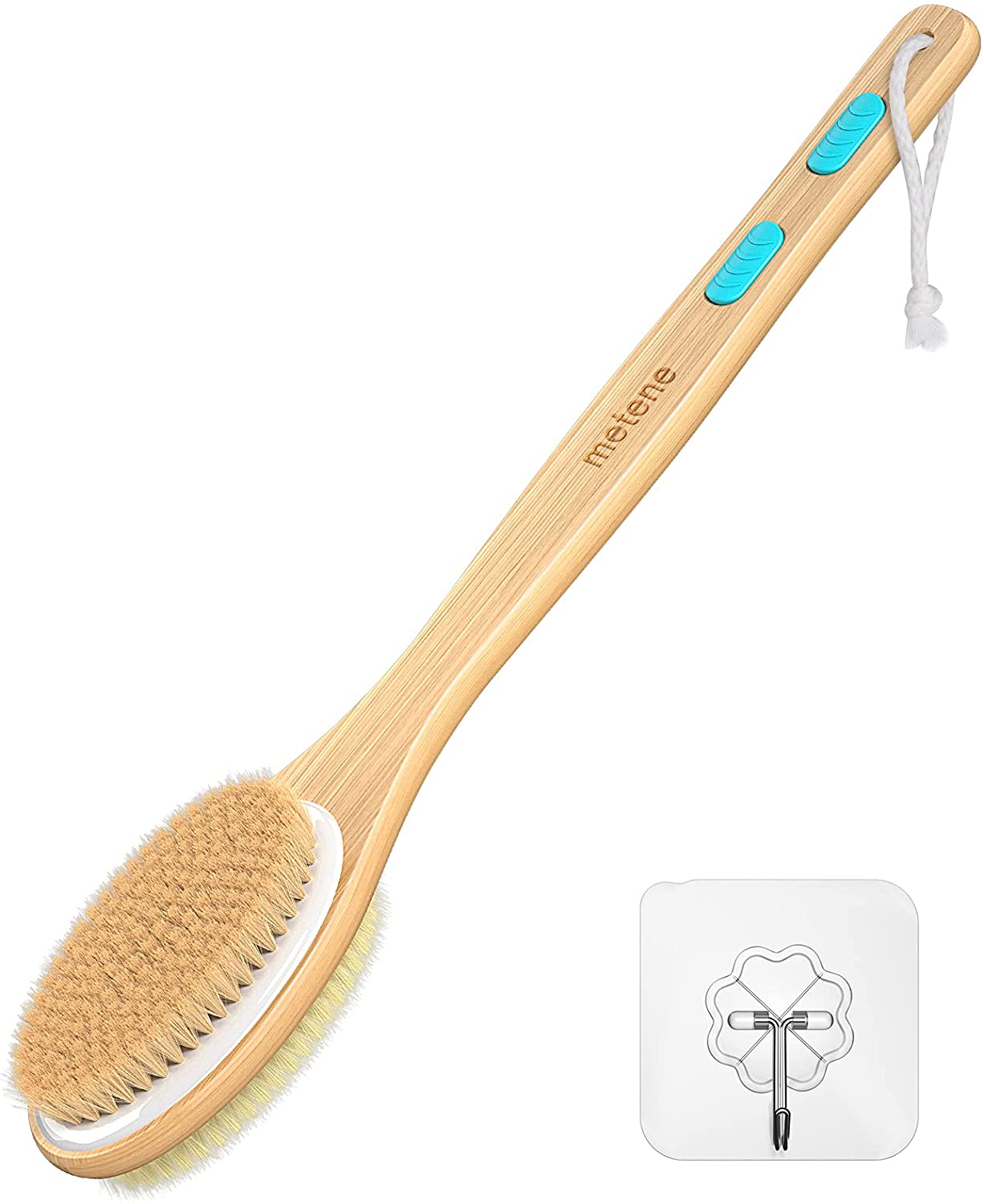 Metene Dual-Sided Shower Brush with Soft & Stiff Bristles - Long Handle Back Scrubber with Hook - Perfect for Exfoliating & Deep Cleaning in Bath or Shower