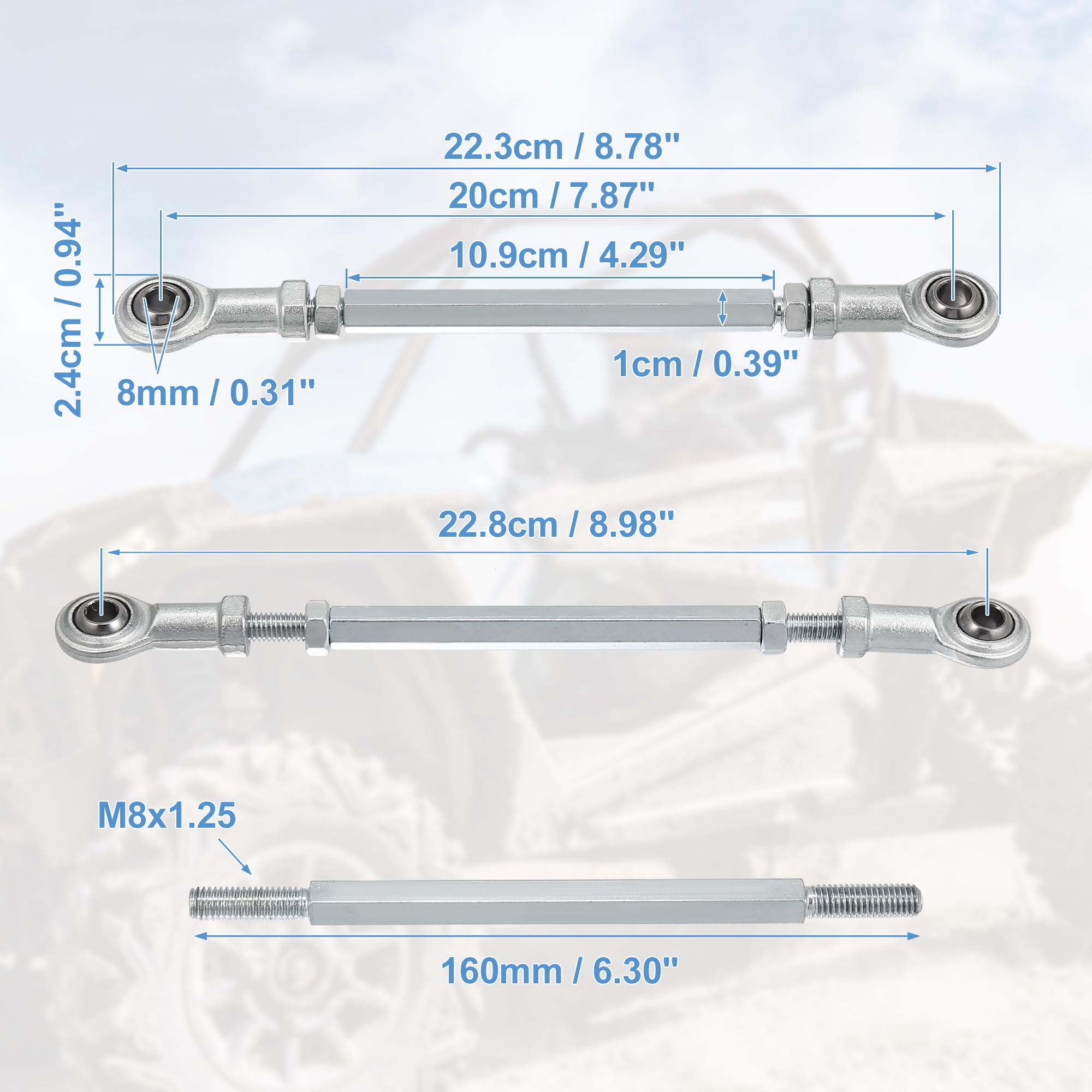 Motoforti 2-Pack 160mm Adjustable Steering Tie Rod Ball Joint with 8mm Hole - Fits 49cc Electric ATV & Go Kart - Silver Tone Steering Suspension Upgrade for Off-Road & Trail Riding