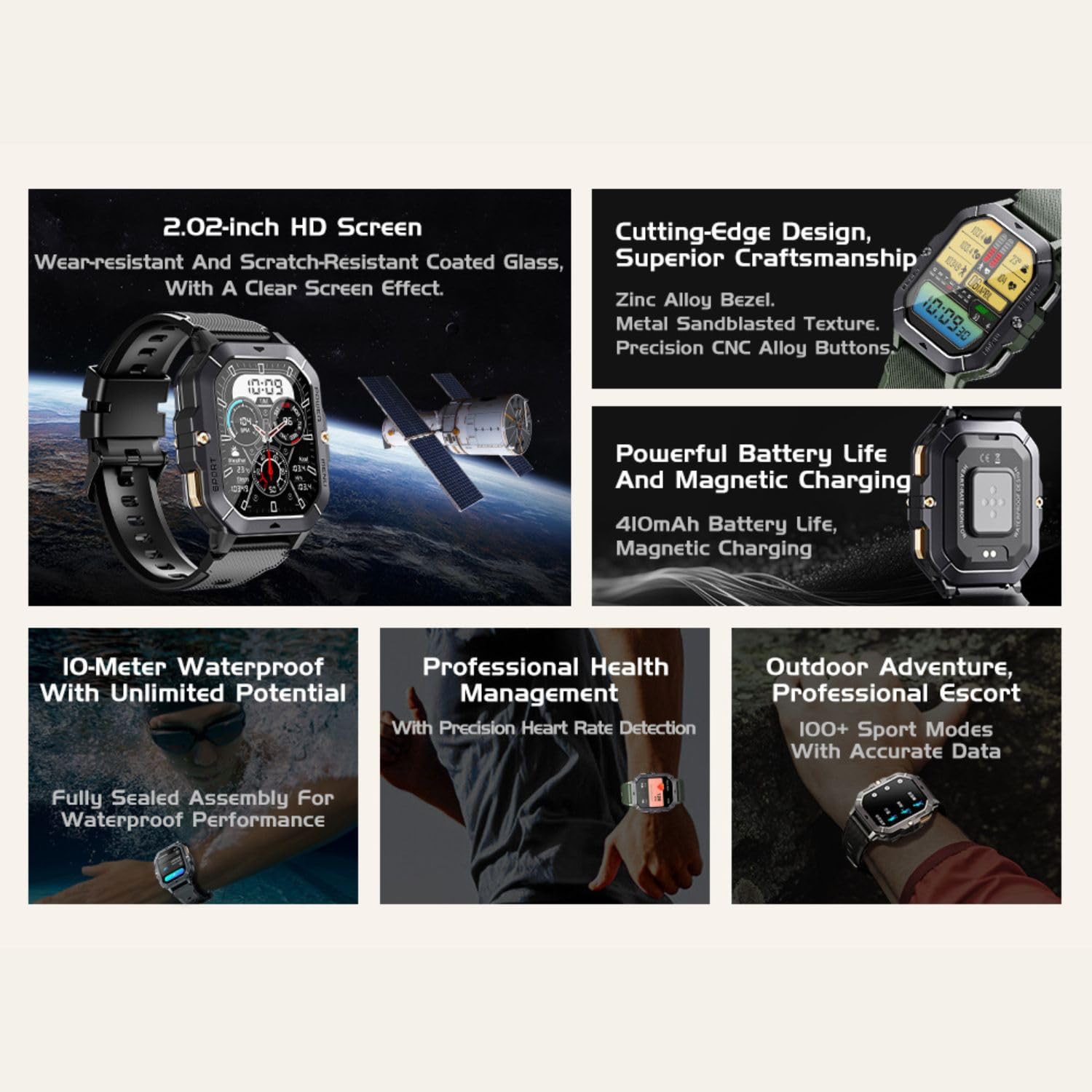 Military Smart Watches for Men - Answer/Make Calls, Fitness Tracker with Blood Pressure, Heart Rate & Sleep Monitor, 100+ Sport Modes, 410mAh Battery, 2.02