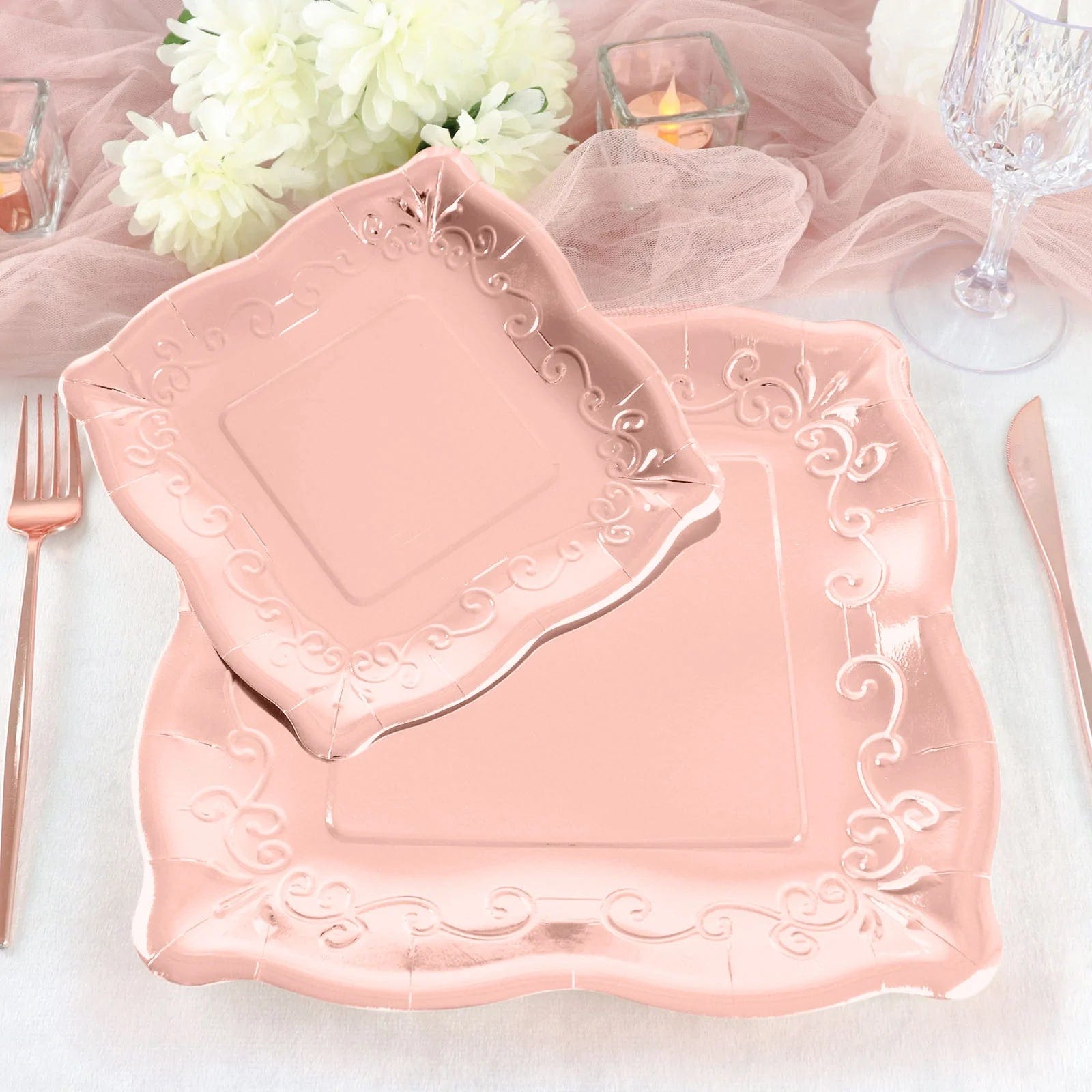 25 Pack Square Disposable Dessert Plates with Elegant Scroll Design - Perfect for Parties, Weddings, and Dinner Events