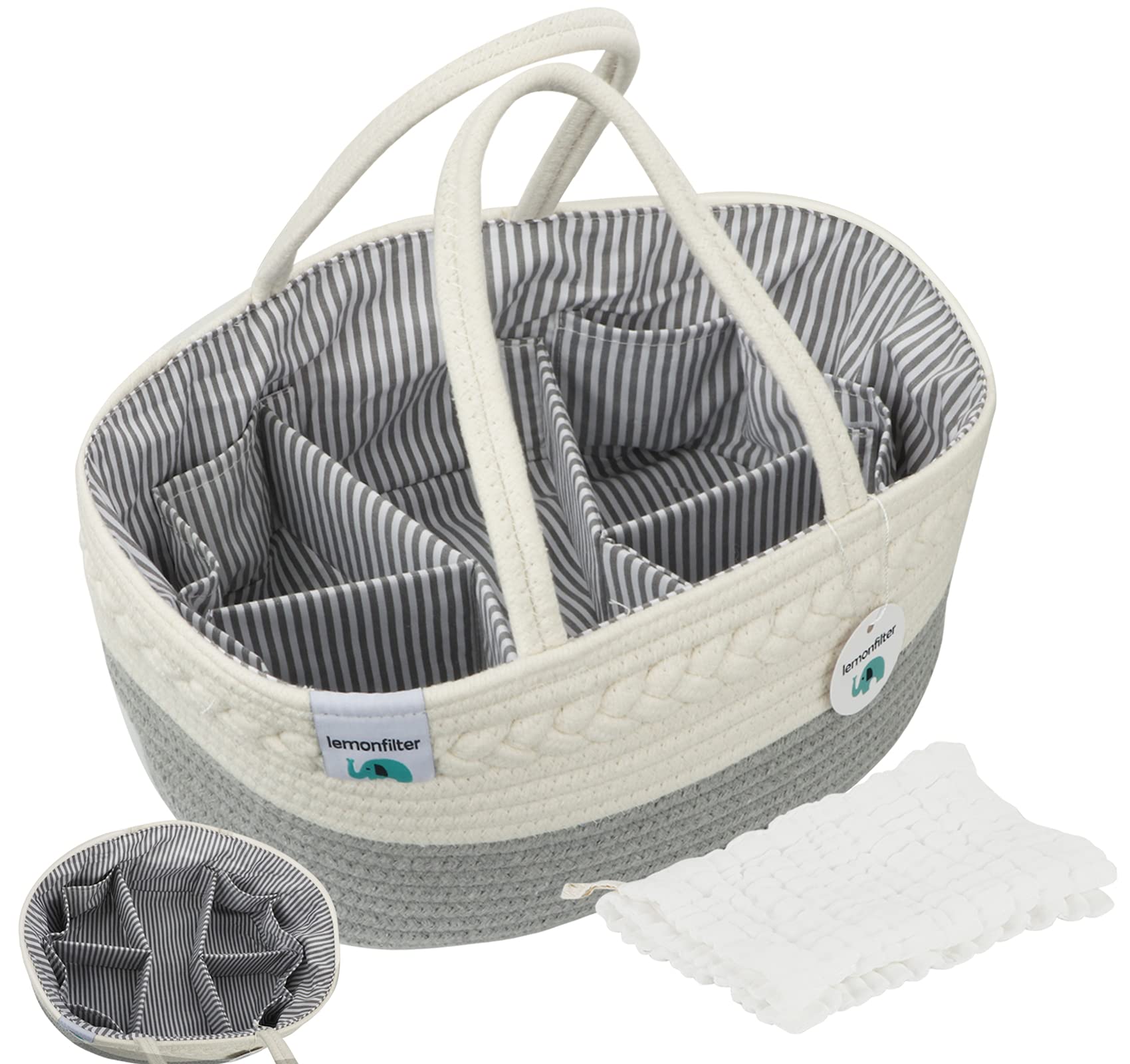 Lemonfilter Baby Diaper Caddy Organizer - Nursery Storage Bin with Muslin Burp Cloth, 42cm Changing Table Organizer Basket for Baby Essentials | Perfect for Diaper Storage, Baby Shower Gifts & Nursery Organization