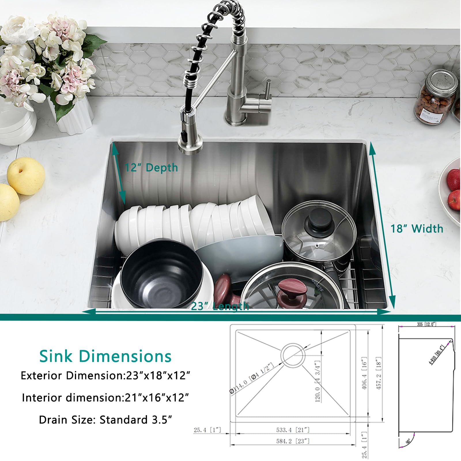 23x18x12 Inch Undermount Laundry Sink with Faucet Combo - 16 Gauge Stainless Steel Deep Single Bowl Utility Sink for Laundry Room & Kitchen - Perfect for Washing Clothes, Pet Bathing, and Garden Tool Cleaning