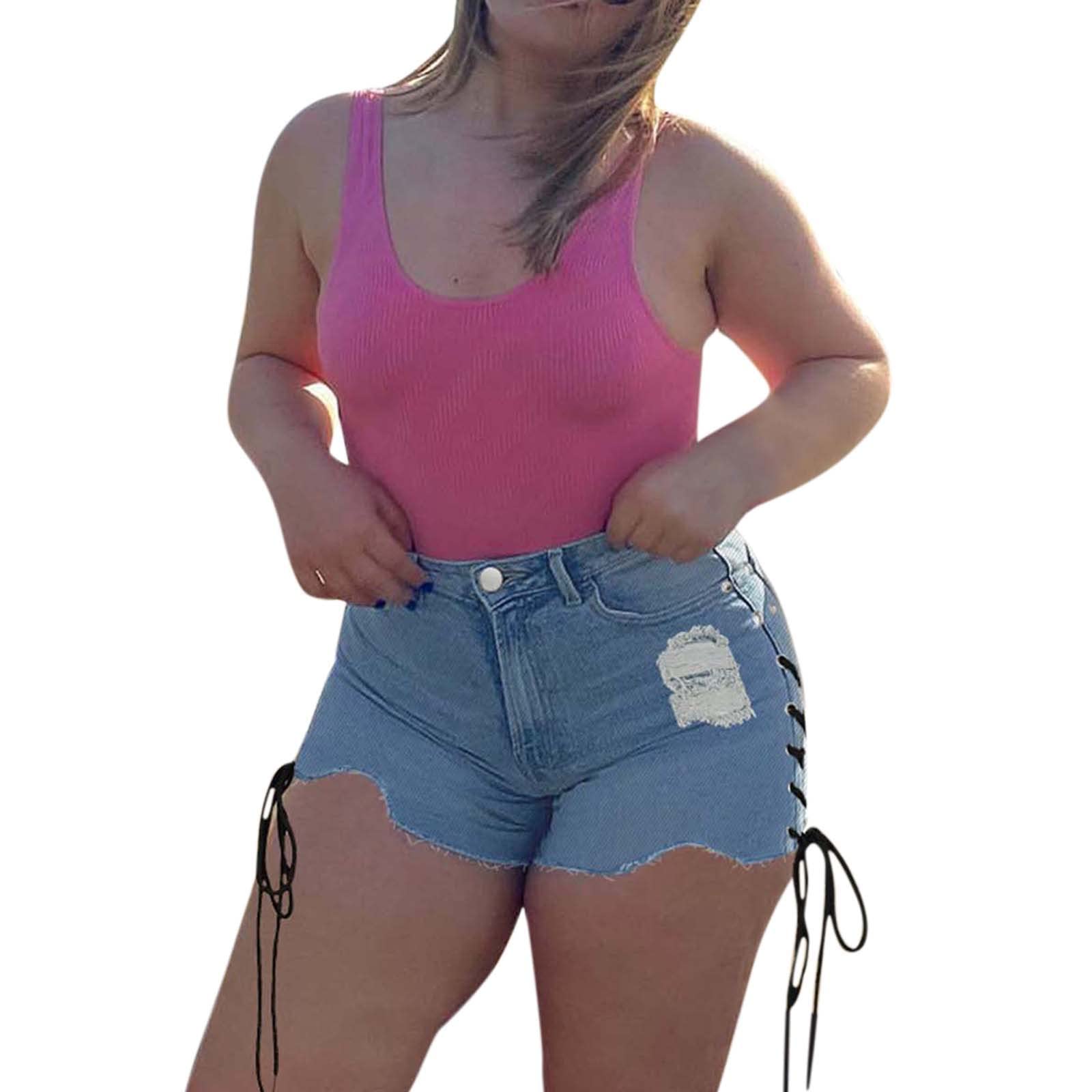 Plus Size Denim Shorts for Women - High Waisted Ripped Distressed Stretchy Jean Shorts - Black Plus Size Shorts for Casual Wear & Summer Outfits