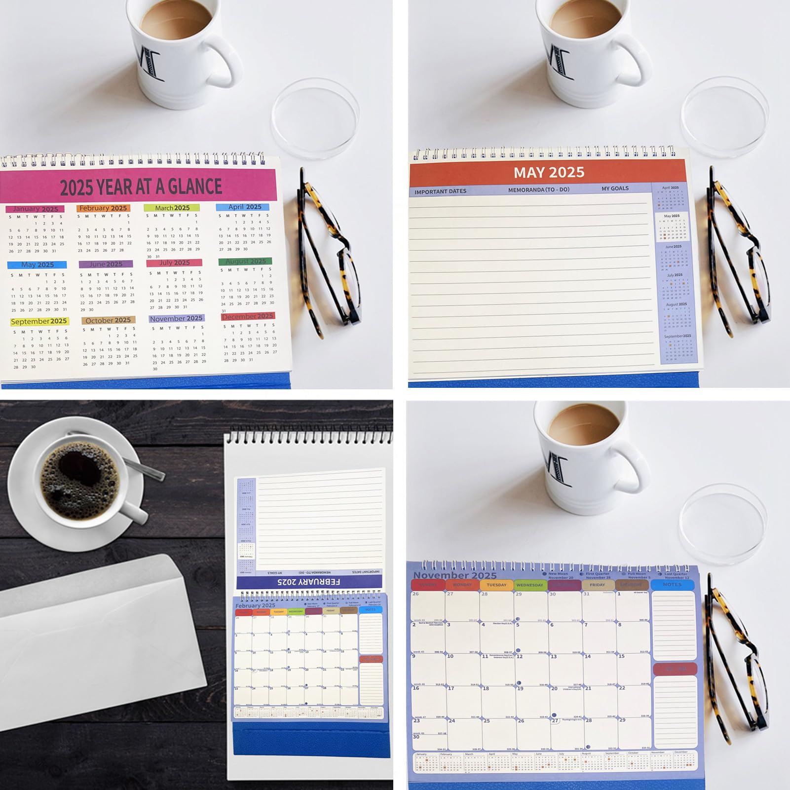 2025 Small Standing Flip Desk Calendar - January to December with To Do List, Julian Dates & US Holidays | Moon Phases Tracking | Perfect for Office, Home & School Organization