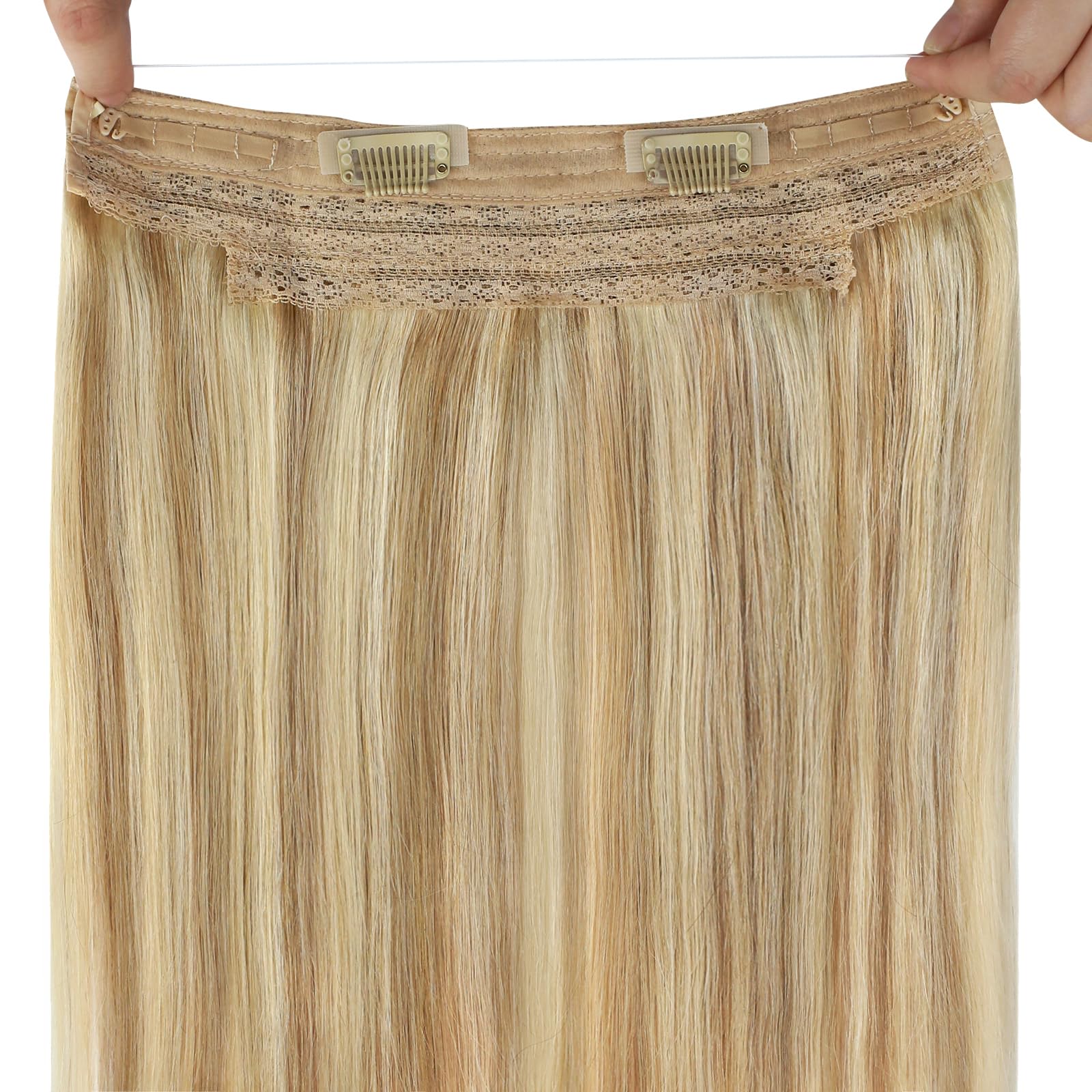 Sunny Wire Hair Extensions 12 Inch - 100% Real Human Hair, Invisible Fish Line, Honey Blonde with Platinum Highlights (#27/60) | Perfect for Parties, Weddings & Daily Styling