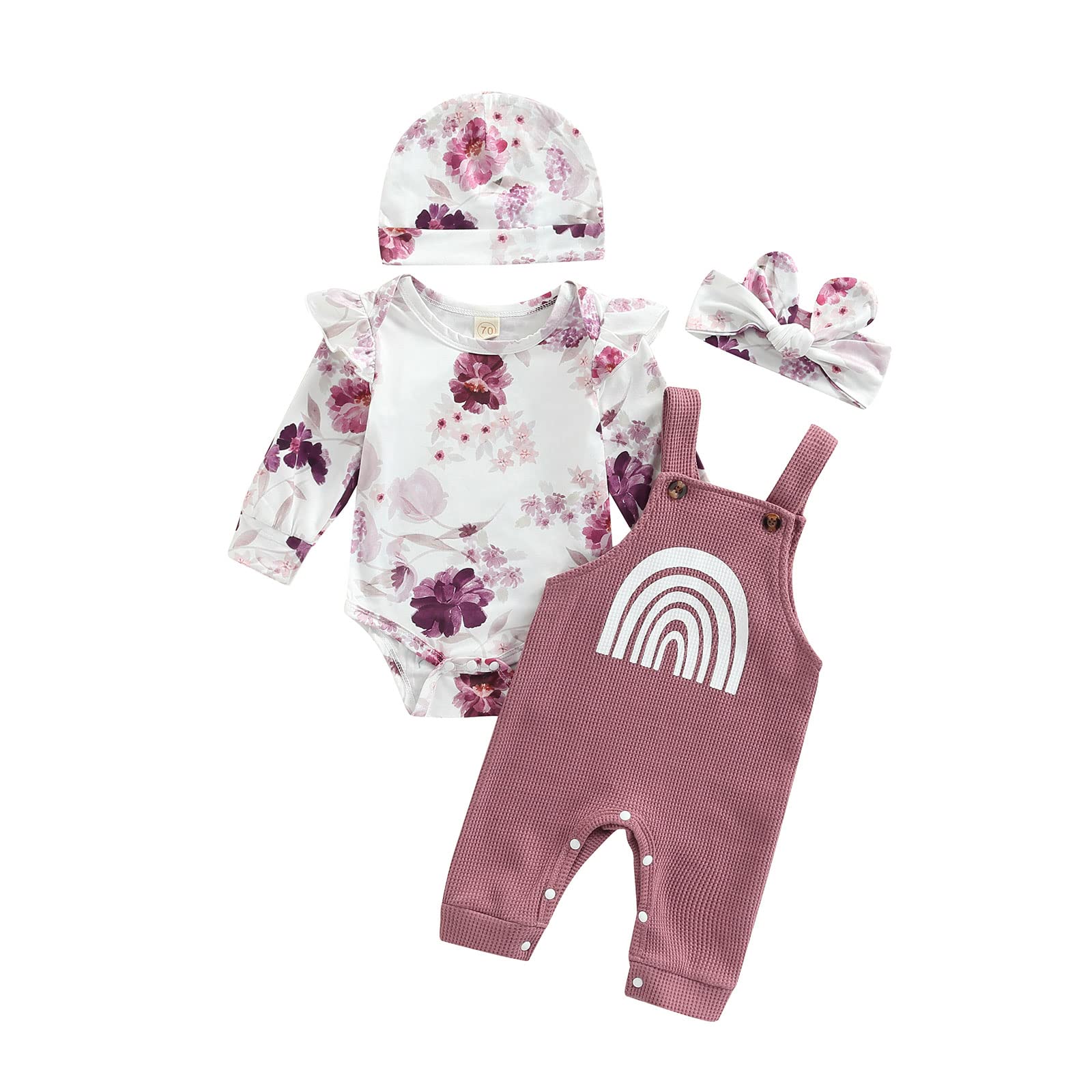 Adorable Newborn Baby Girl Fall Outfits - 4-Piece Ruffle Floral Romper & Waffle Knit Overall Set with Matching Hat & Headband | Perfect for Autumn Photoshoots, Family Gatherings & Seasonal Celebrations