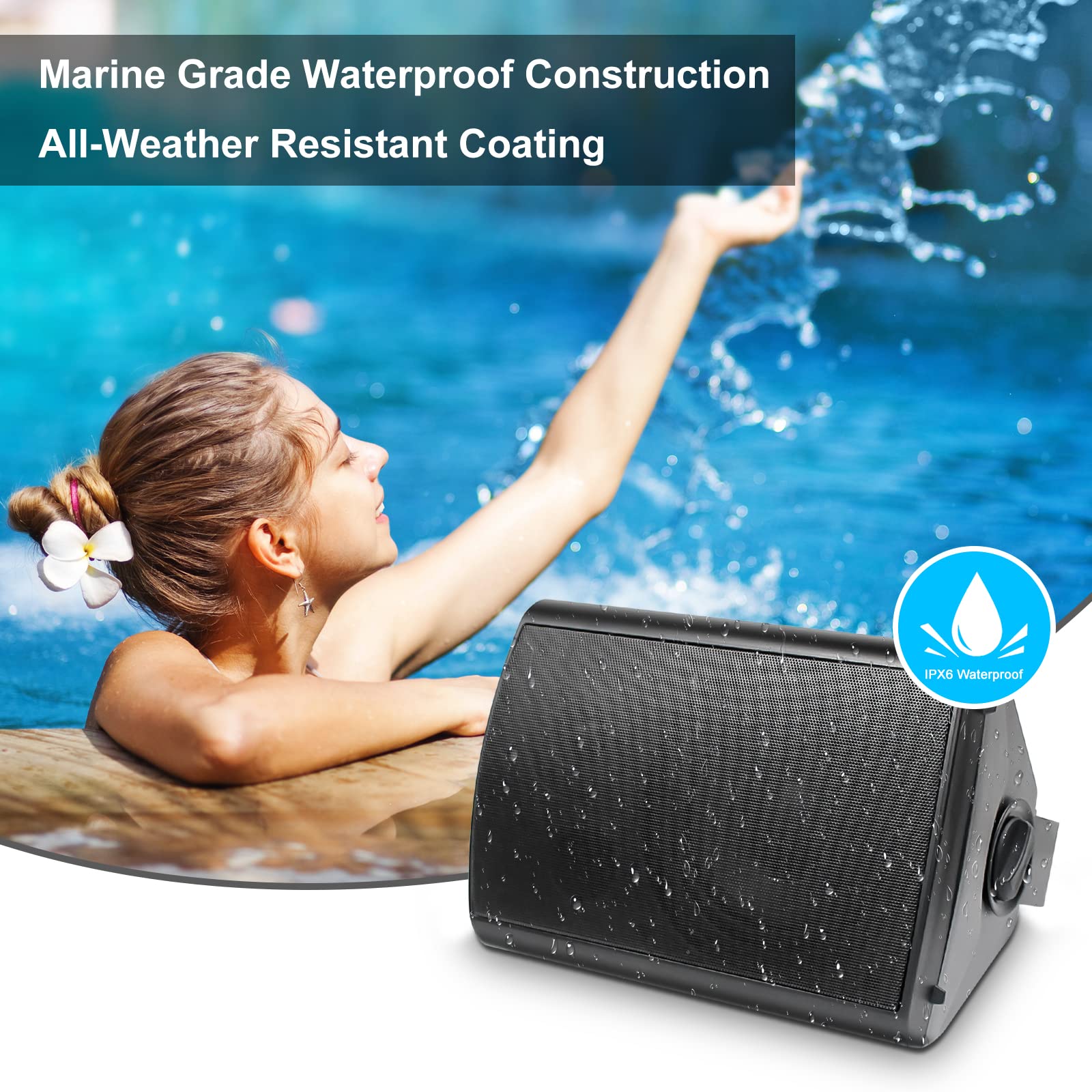 Herdio 6.5 Inch 800W Waterproof Outdoor Bluetooth Speakers - Wall Mounted Sound System with Powerful Bass & Stereo Sound, Multi-Functional Amplifier - Easy Installation for Patio, Deck, Porch, Backyard, Pool Party (2 Pairs Black)