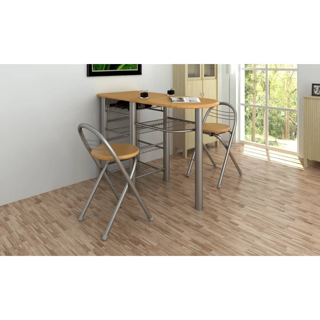 SKM Wooden Kitchen Island with Breakfast Bar, Table and Chairs Set - Perfect for Small Space Dining, Kitchen Workstation & Home Office Use