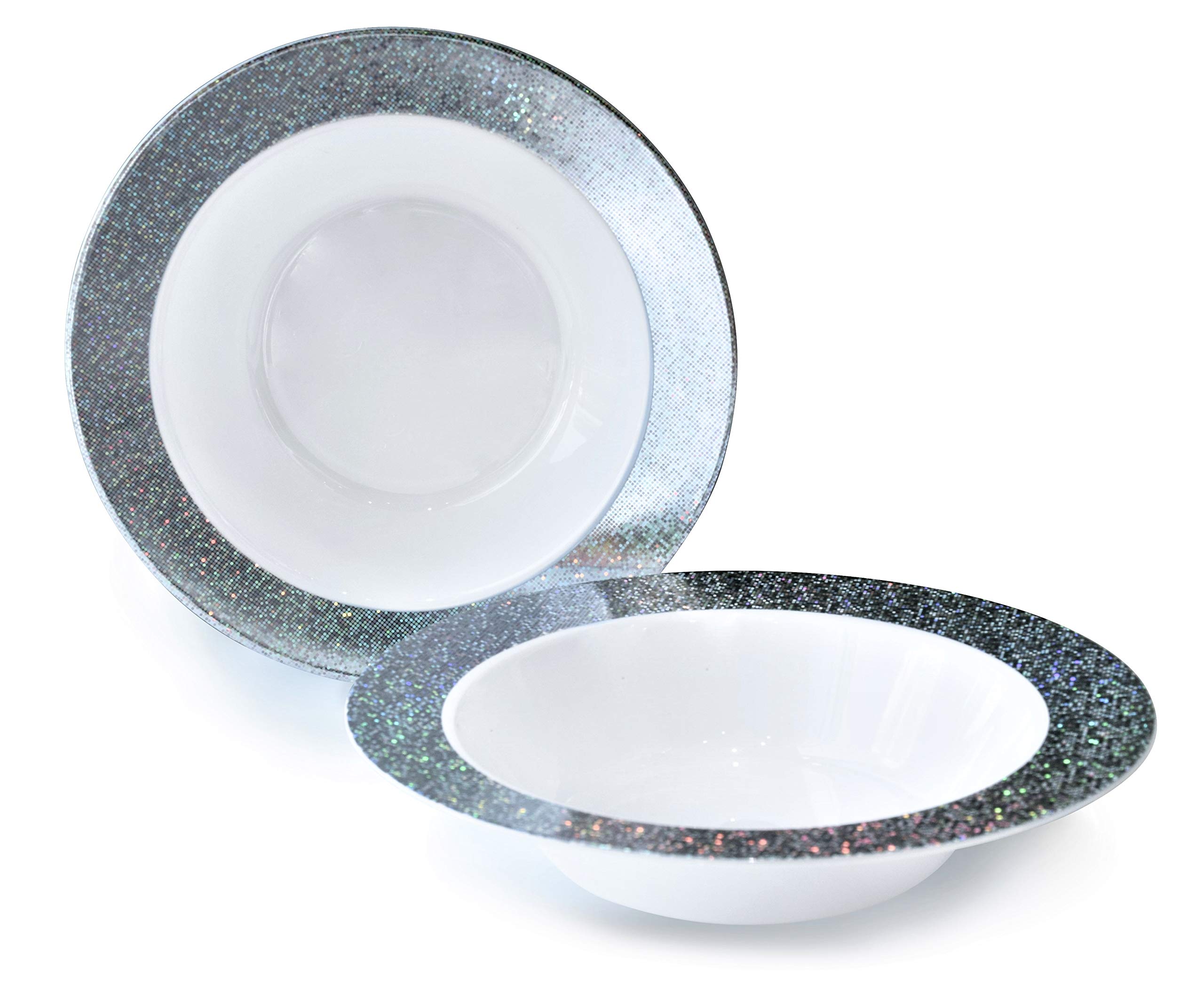 60-Piece Heavyweight Disposable Plastic Plates & Bowls Set - 14oz Soup Bowls for Wedding, Party & Events (Hollywood White & Silver) - Perfect for Catering, Buffets & Large Gatherings