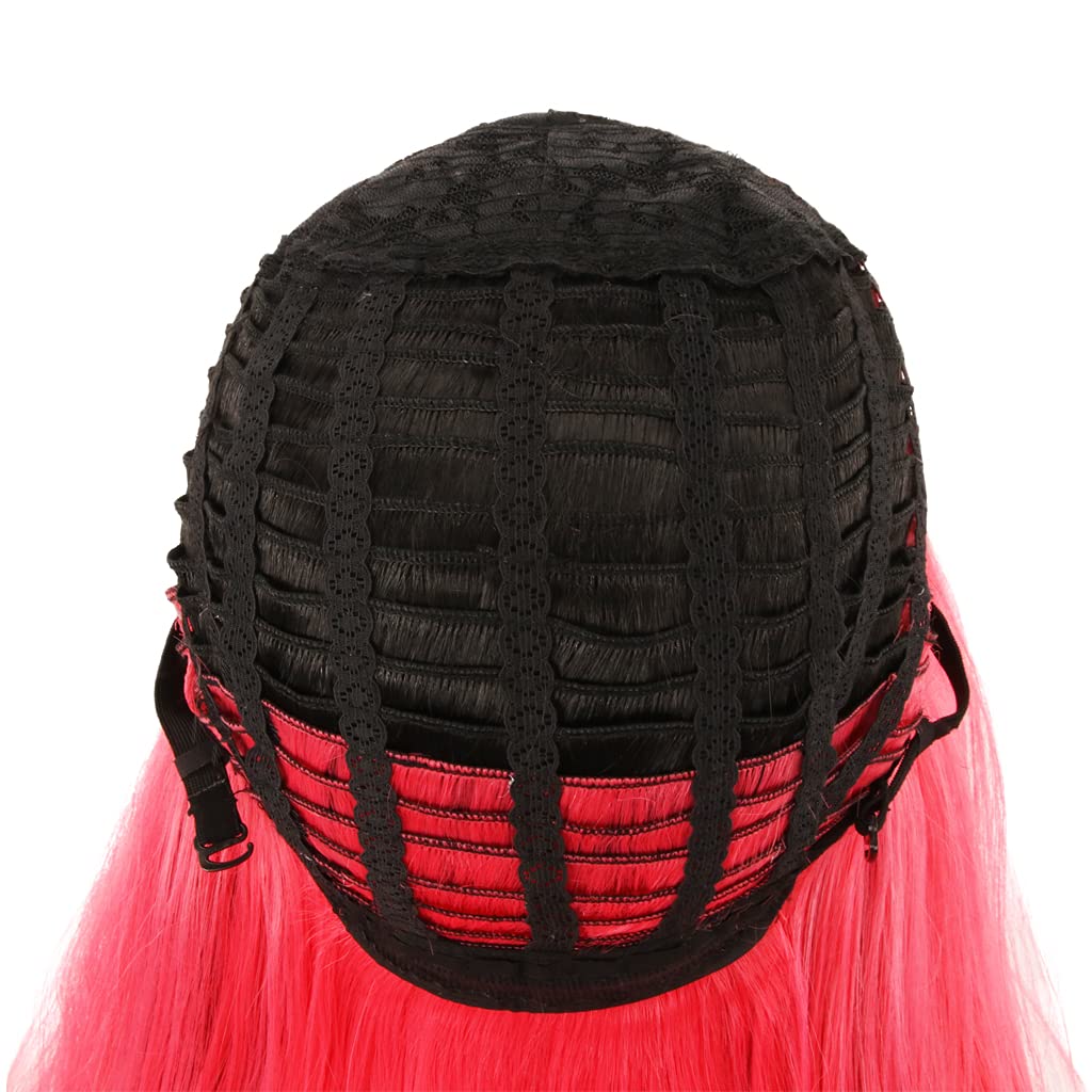 HH Building Strips Highlight Straight Shoulder Length Party Wig - Black & Rose Red Synthetic Hair for Cosplay, Halloween & Costume Parties