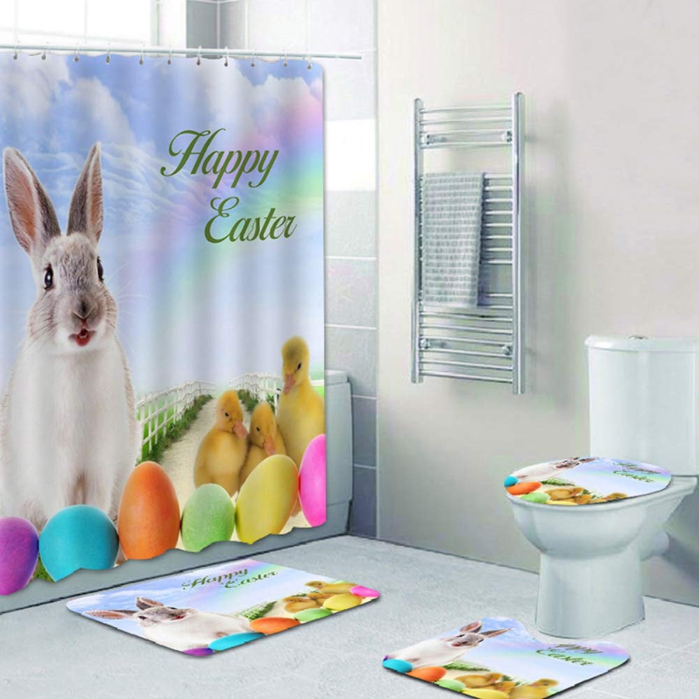 Forart 4Pcs Easter Shower Curtain Sets - Waterproof Polyester Bathroom Decor with Cute Bunny & Egg Design for Easter Celebration - Perfect for Spring Home Decor, Kids Bathroom, and Holiday Party Decorations