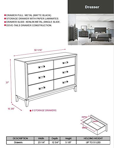 KB Designs 6-Piece Queen Size Bedroom Set in Grey & Black - Modern Bed Frame, Nightstand & Dresser for Cozy Master Bedroom Decor