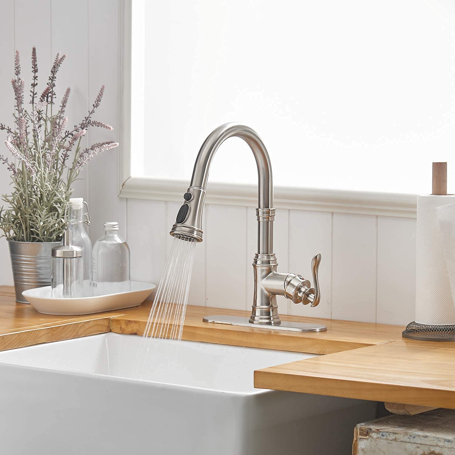Brushed Nickel Pull-Out Kitchen Sink Faucet with 3 Spray Modes - Single Handle Waterfall Design for Modern Homes | Perfect for Washing Dishes, Filling Pots & Cleaning Countertops