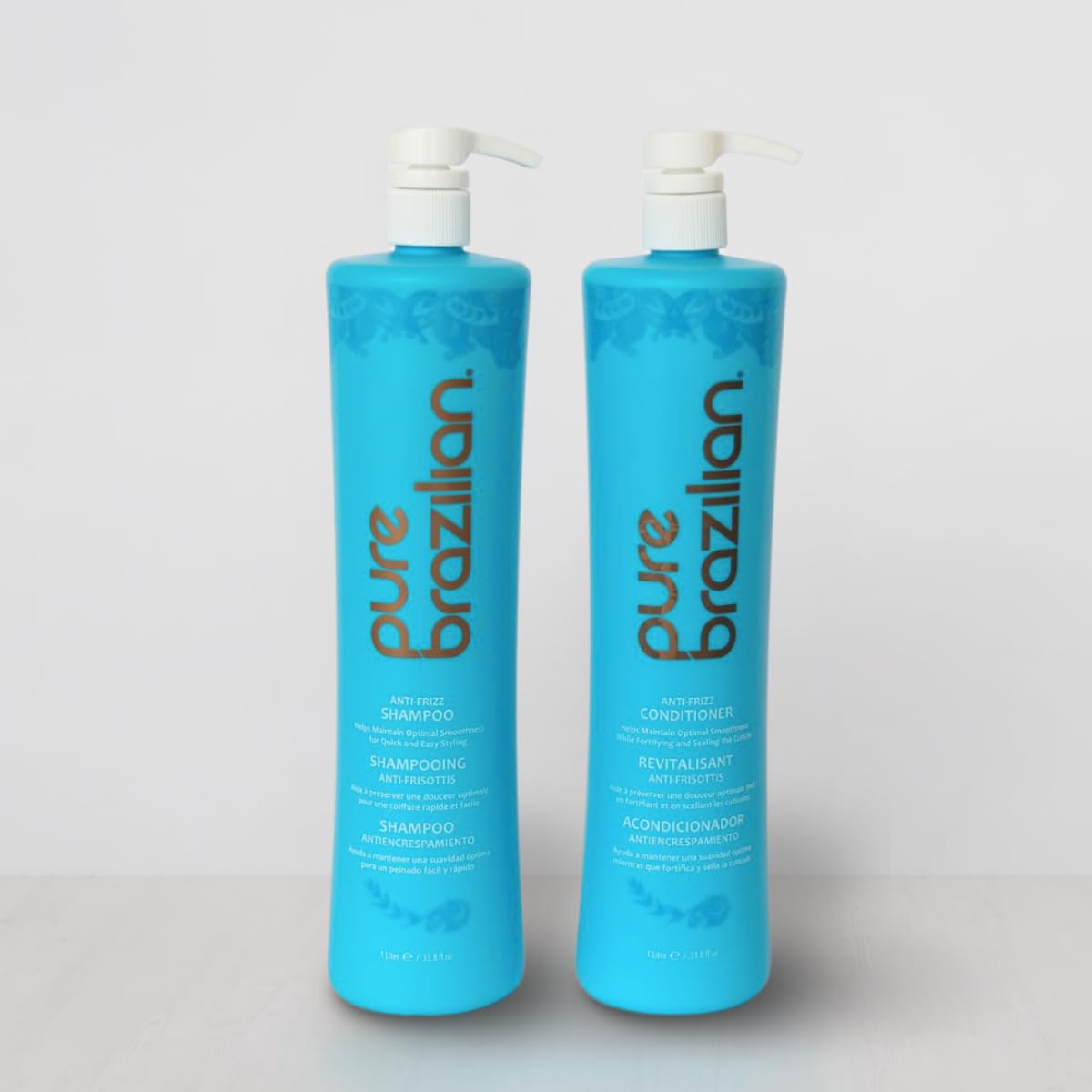 Pure Brazilian Anti-Frizz Shampoo and Conditioner Set - Keratin, Argan Oil & Acai Enriched - Salt-Free & Color Safe Hair Care - 1 Liter (33.8 Fl Oz) - Perfect for Dry, Damaged & Frizzy Hair - Daily Use for Smooth & Shiny Locks