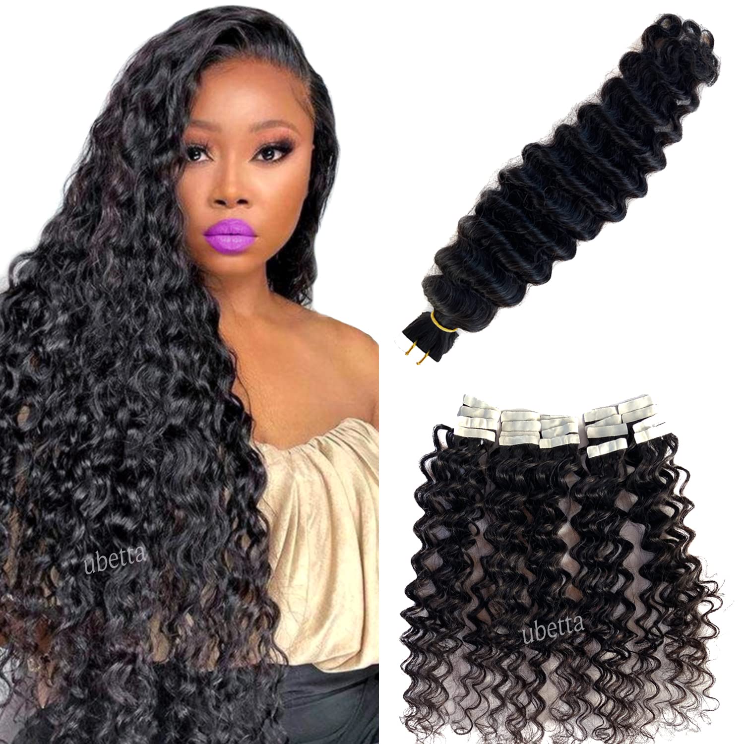Tape in Hair Extensions Human Hair - 20 Pieces 50G/Set, Natural Black Deep Wave, Double Sided Tape for Seamless Skin Weft - Perfect for Black Women, Styling & Volume (20Inch) | Great for Weddings, Parties & Daily Wear