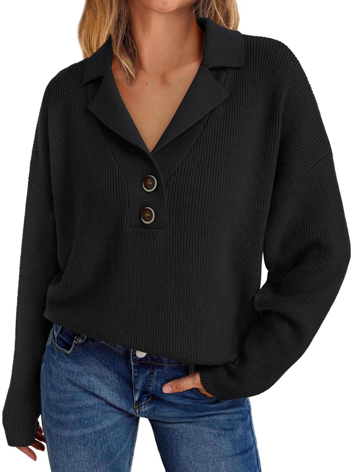 LILLUSORY Women's V-Neck Pullover Sweater - Casual Cable Knit Chunky Warm Winter Sweater with Polo Collar | Cozy Fall & Winter Fashion for Work, Dates & Everyday Wear