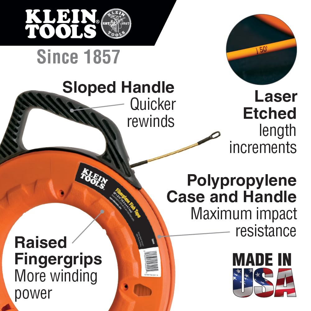 **Klein Tools 56014 Non-Conductive Electrical Fish Tape - 200-Foot Fiberglass Pulling Tool, 3/16-Inch Wide, USA-Made, Flexible for Conduit Wiring - Ideal for Electricians, DIYers & Home Renovation Projects**