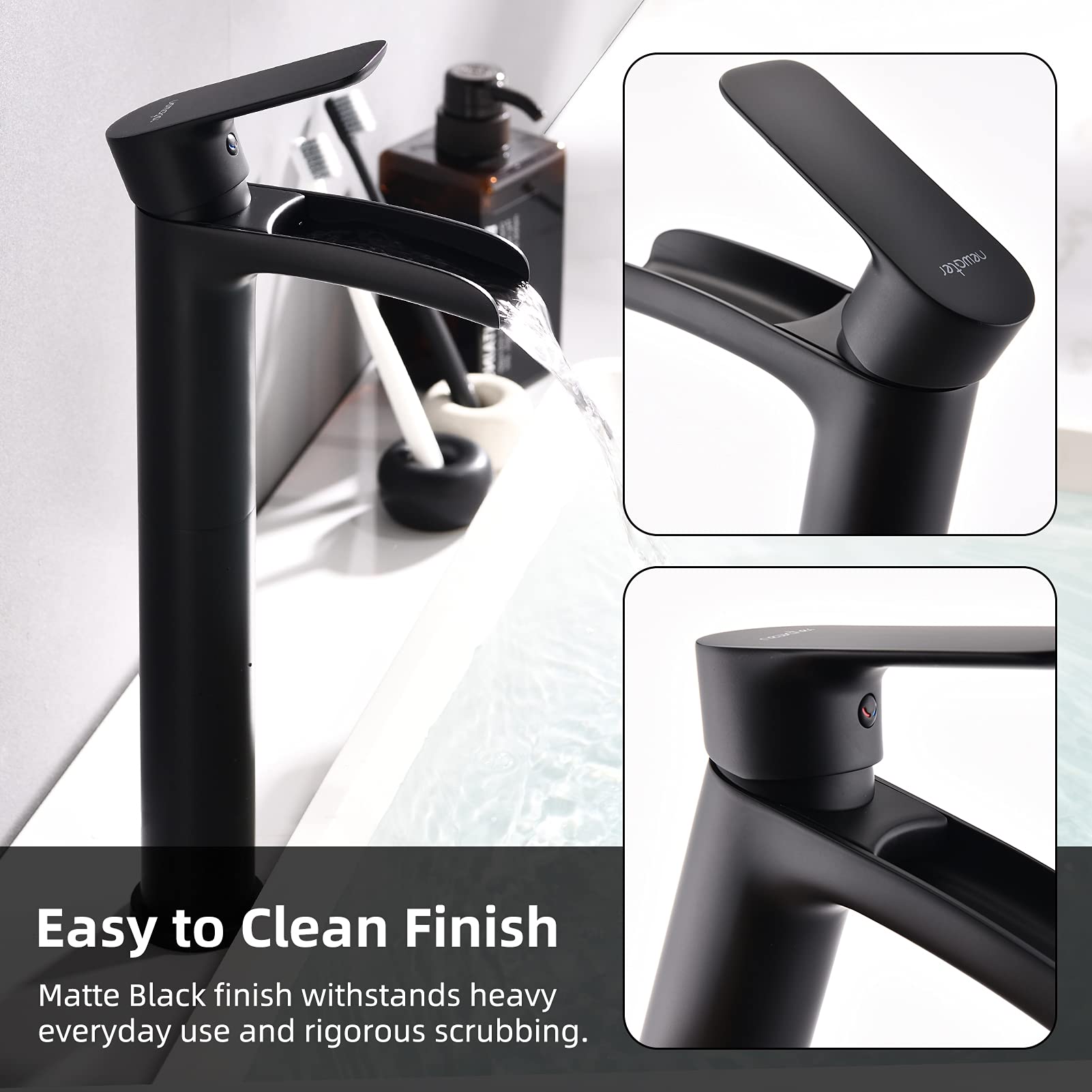 NEWATER Matte Black Vessel Sink Faucet - Tall Brass Waterfall Spout, Single Hole One Handle Bathroom Faucet with Supply Lines - Perfect for Modern Bathroom Vanity, Spa, and Commercial Restroom Sinks