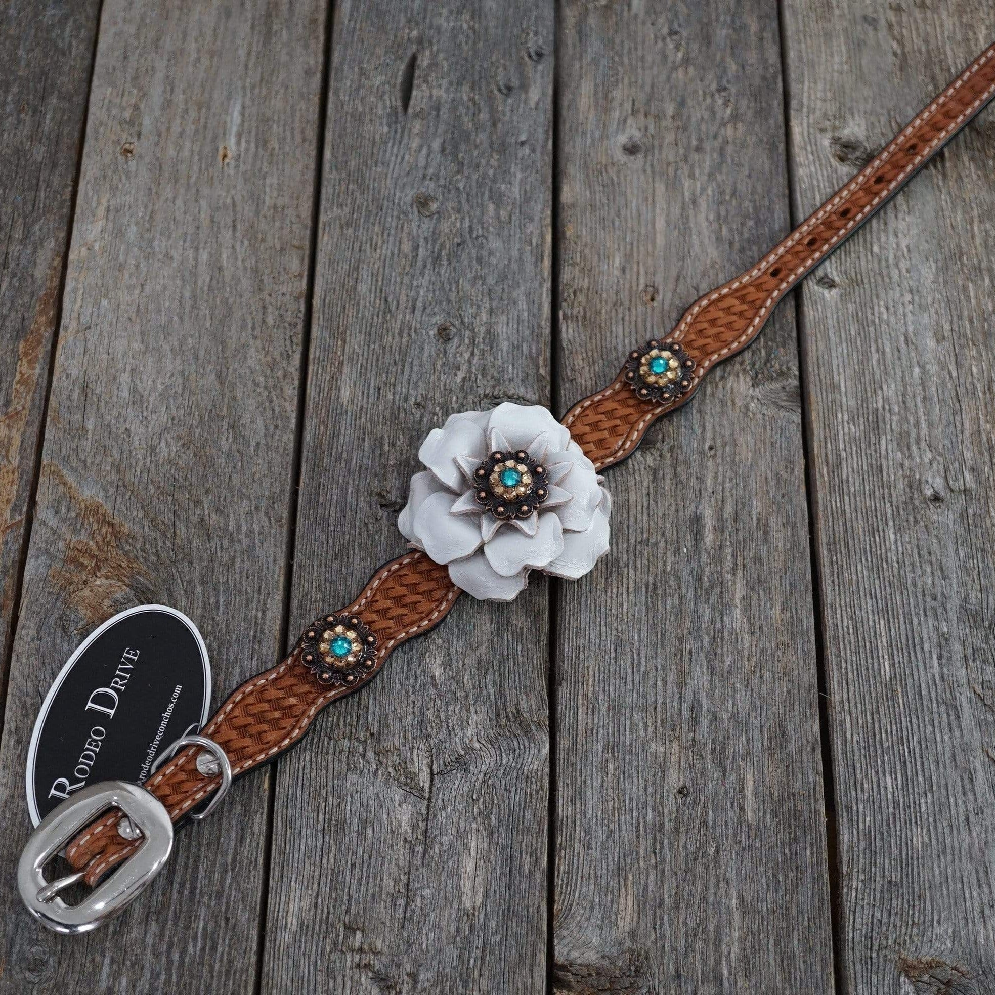 Premium DC23 Light Oil Leather Dog Collar with White Flower & Copper Conchos - Adjustable 10-22 inch for Small to Medium Dogs - Durable & Stylish for Daily Walks, Training & Outdoor Adventures