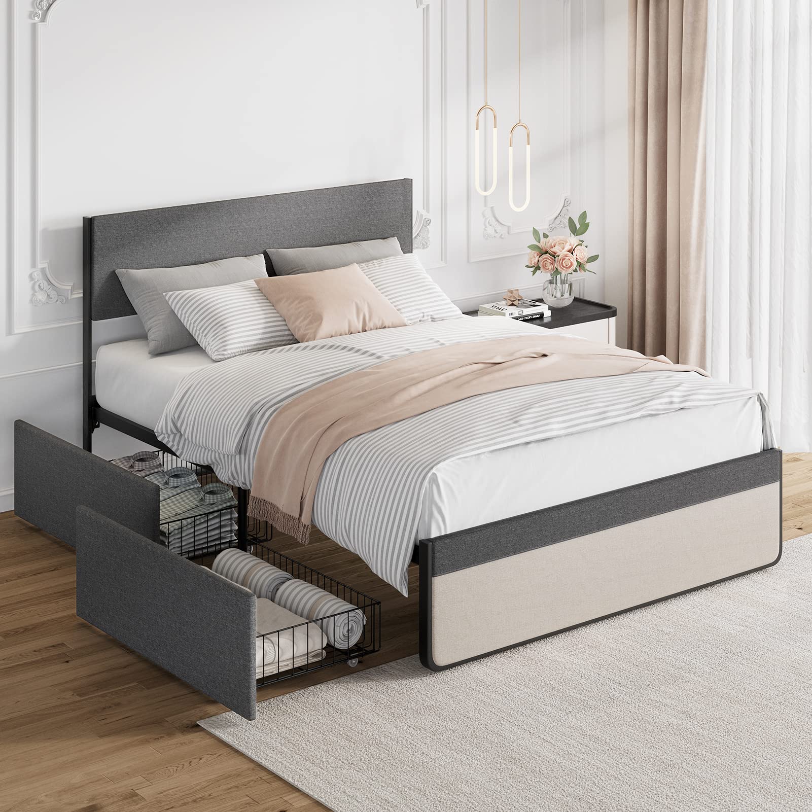 IDEALHOUSE Queen Size Bed Frame with 2 Storage Drawers - Upholstered Platform Bed with Headboard & Steel Slat Support, No Box Spring Needed - Perfect for Small Bedrooms & Guest Rooms