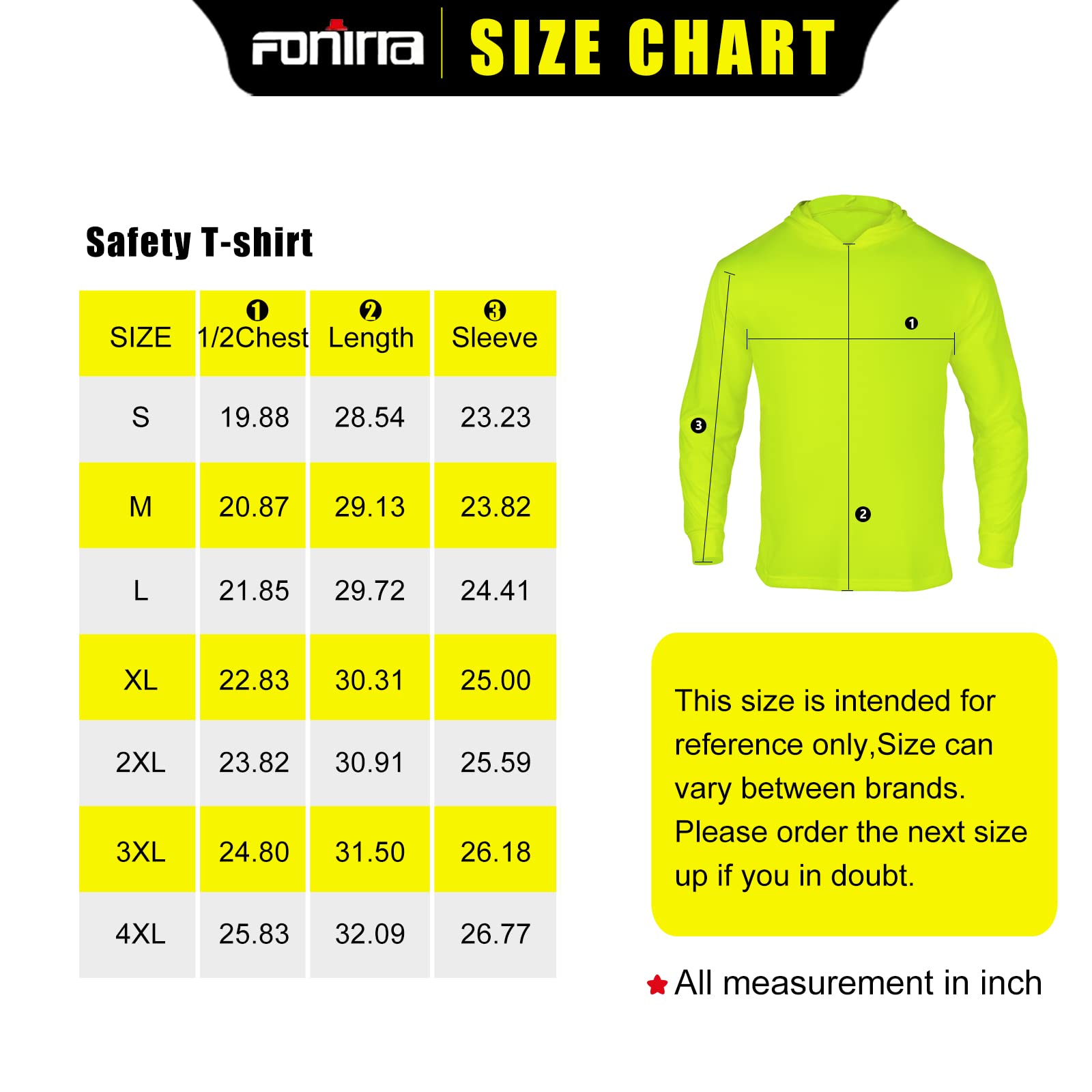 FONIRRA High Visibility Safety Long Sleeve T-Shirts for Men - 3 Pack Reflective Work Shirts with Hood - Ideal for Construction, Road Work & Nighttime Safety